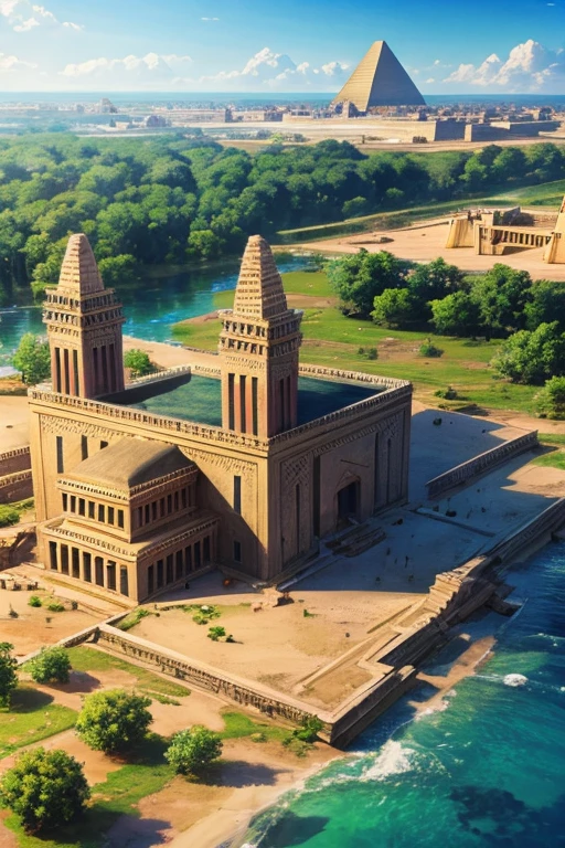 Egyptian palace with Egyptian decorations with towers and forests along with lakes