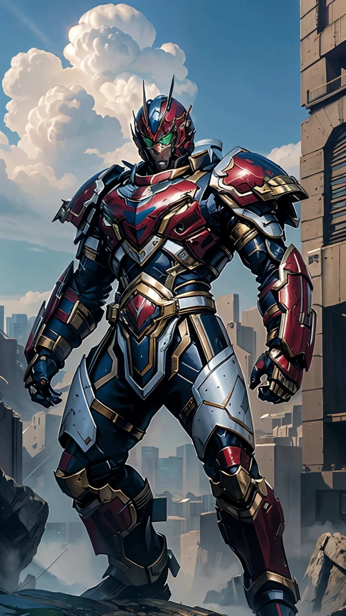 A man wearing a full-face helmet, a fantasy-style biotech armored combat suit, green eyes, (a composite layered chest armor), fully enclosed shoulder guards, matching arm and leg guards, the belt is adorned with Falcon Wing, (the color scheme is primarily white with red and blue accents), the design balances heavy with agility, a high-tech bio-mecha armor, (Armor Concept Inspired by Falcon, stand on the top of a skyscraper in a futuristic sci-fi city), this character embodies a finely crafted fantasy-surreal style armored hero in anime style, exquisite and mature manga art style, (battle damage, element, plasma, energy, the armor glows), ((male:1.5)), metallic, real texture material, dramatic, high definition, best quality, highres, ultra-detailed, ultra-fine painting, extremely delicate, professional, perfect body proportions, golden ratio, anatomically correct, symmetrical face, extremely detailed eyes and face, high quality eyes, creativity, RAW photo, UHD, 32k, Natural light, cinematic lighting, masterpiece-anatomy-perfect, masterpiece:1.5