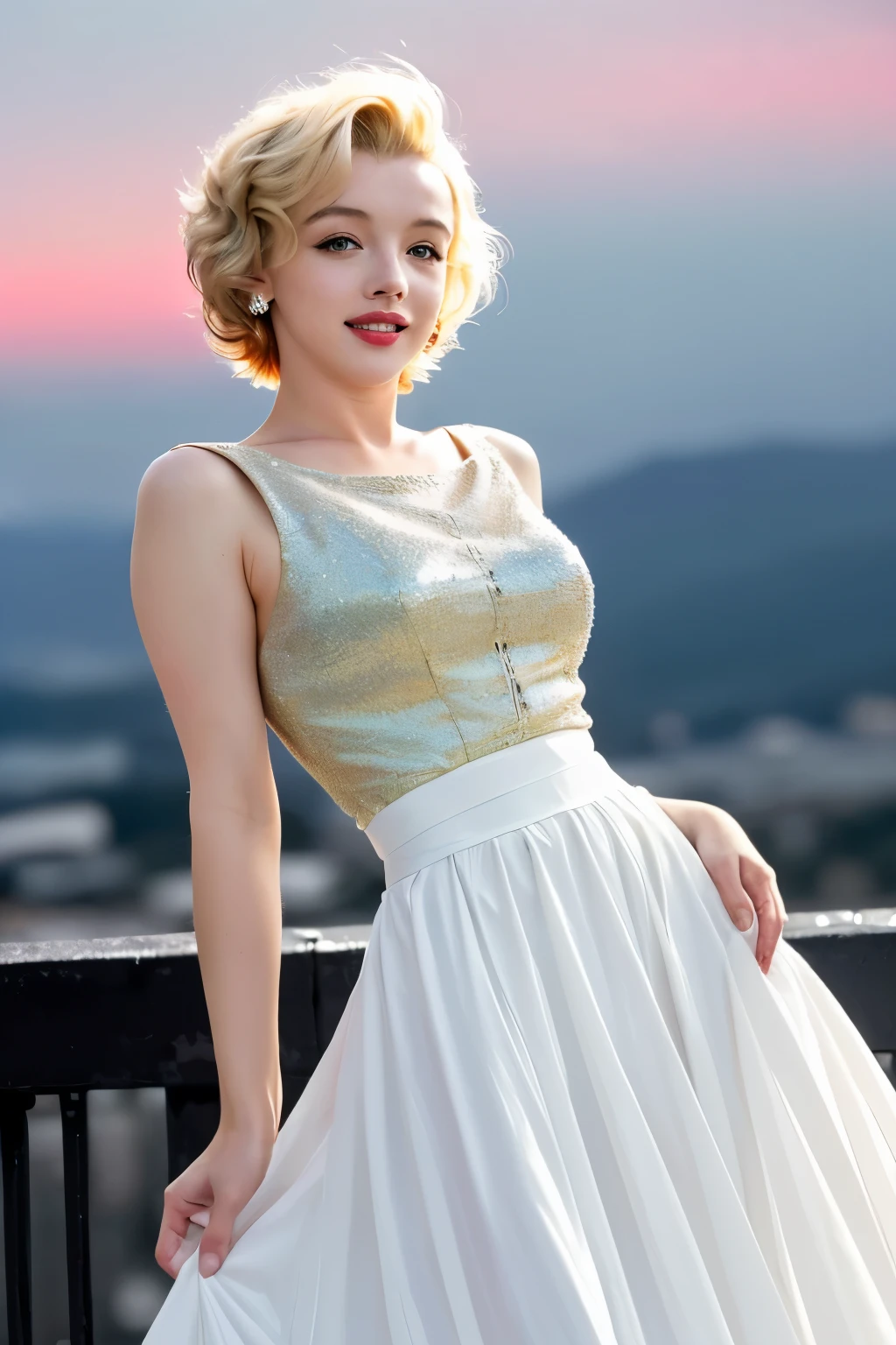 Model and background intact, (((Details in Ultra-HD quality, Realistic like a real photo, ideal))), (morbid light:1.2), (dynamic angle), RAW photos, (Marilyn Monroe), young, cute, very slim, thin, highly detailed texture (white cocktail dress), (holding a big long skirt), (blowing big long white skirt), (standing on a metal grate), (legs spread), (most iconic photo), (sharp), (Highly detailed body), (light smile:0.8), Exposure Blending, bokeh, glimmering, high contrast, (muted colors, dim colors, calm tone:1.3), low saturation, morbid, random pose,