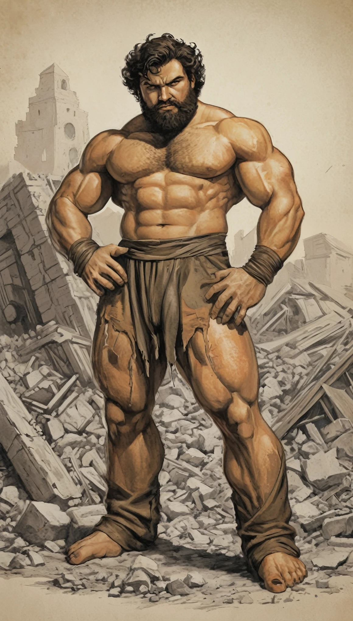 An illustrated movie poster, hand-drawn, full color, a peach-skinned giant man, wearing torn trousers, peach-colored skin, massive physique, golden-brown eyes, wide bulbous nose, black hair, curly hair, dark beard, thick bushy eyebrows, extremely hairy chest, stomach, and arms, lots of body hair, posing amongst rubble, hard shadows, graphite shading, stencil markings, airbrushed acrylic paint, masterpiece, in the style of Marvel Comics