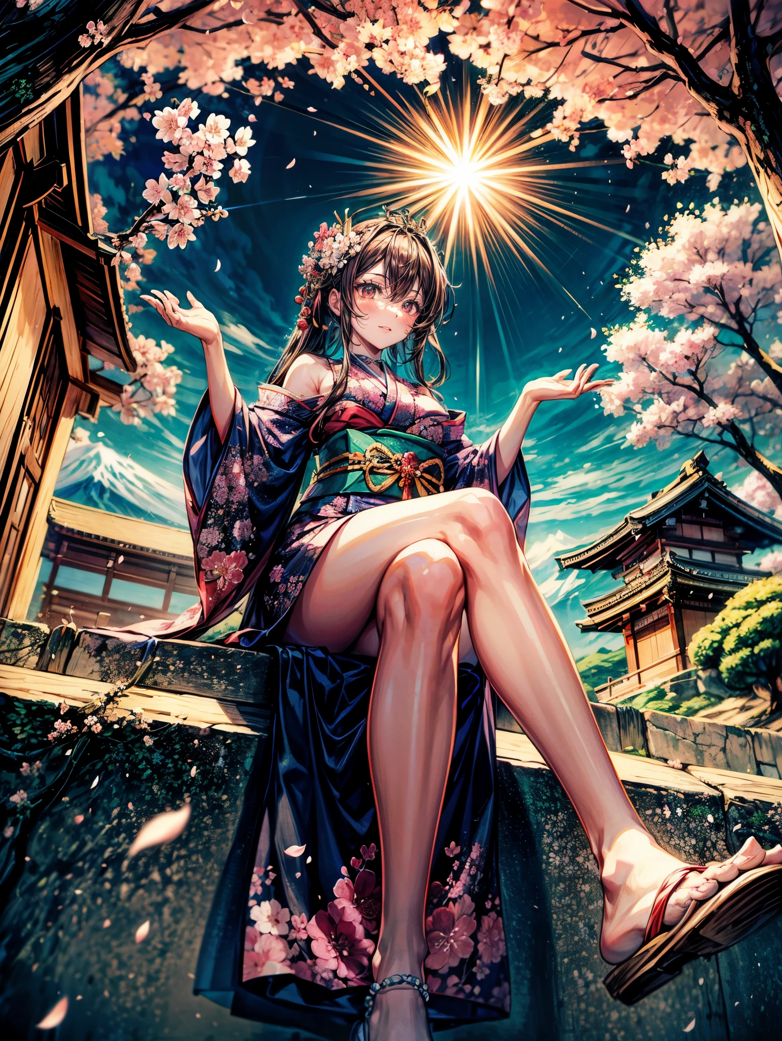 masterpiece,highest quality,Ultra high definition,Sakuyahime, Japanese mythology, cherry blossom spirit, God of Mt. Fuji, long cherry blossom-colored hair, cherry blossom-colored eyes, kimono with flowers, cherry blossom crown, foot of Mt. Fuji, under cherry blossom tree, announcing the coming of spring, gentle smile,Angle from below,lying down