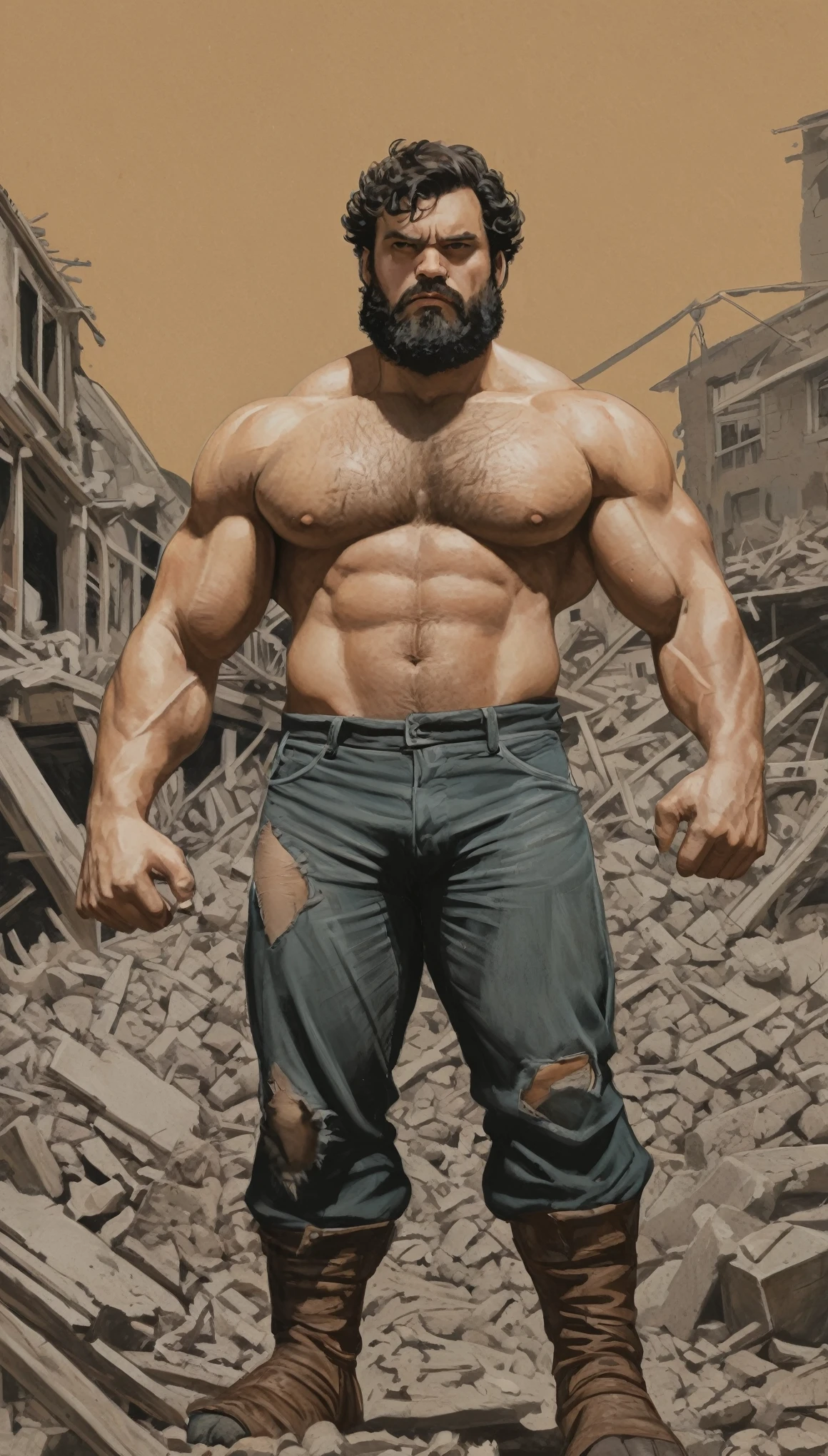 An illustrated movie poster, hand-drawn, full color, a peach-skinned giant man, wearing torn trousers, peach-colored skin, massive physique, golden-brown eyes, wide bulbous nose, black hair, curly hair, dark beard, thick bushy eyebrows, extremely hairy chest, stomach, and arms, lots of body hair, posing amongst rubble, hard shadows, graphite shading, stencil markings, airbrushed acrylic paint, masterpiece, in the style of Marvel Comics