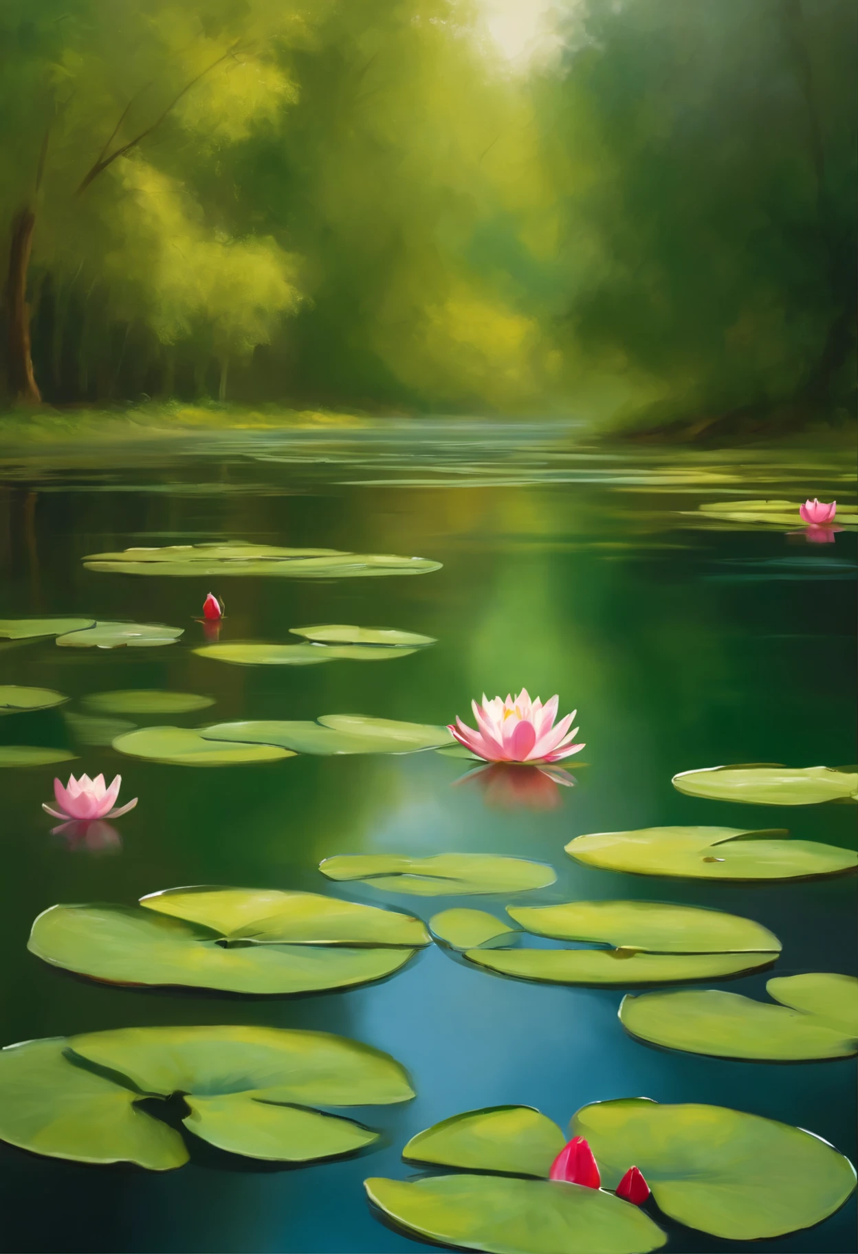 best quality,highres,masterpiece:1.2,ultra-detailed,realistic,landscape,impressionism,soft brushstrokes,serene atmosphere,playful light and shadows,vibrant colors,majestic nature,sun-drenched scene,peaceful reflection,Nympheas,expansive water lilies,water garden,floating bridge,airy and ethereal,flowers in bloom,tranquil pond,splashes of color,illusion of movement,impressionist light,blurred edges,recreational boating,floating flora and fauna,green foliage,calmness and serenity,subtle textures,sunlit atmosphere,gentle ripples,reflective water surface,lush vegetation,tranquil ambience,diaphanous reflections,plein air painting,scenic beauty,sparkling colors,endless inspiration,vivid brushwork,harmony with nature.