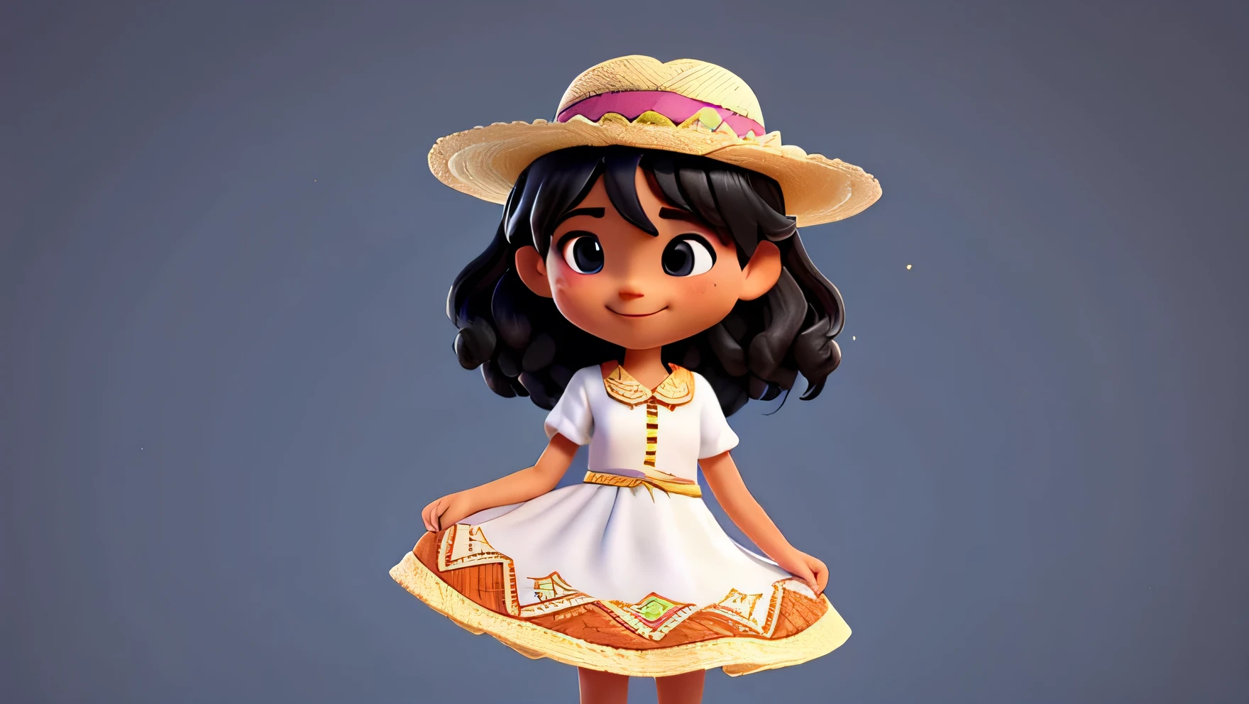 uma imagen de uma de 5 anos, vestida com um vestido colorido de festa junina, with a straw hat, Your hair is black, the background of the images is white.