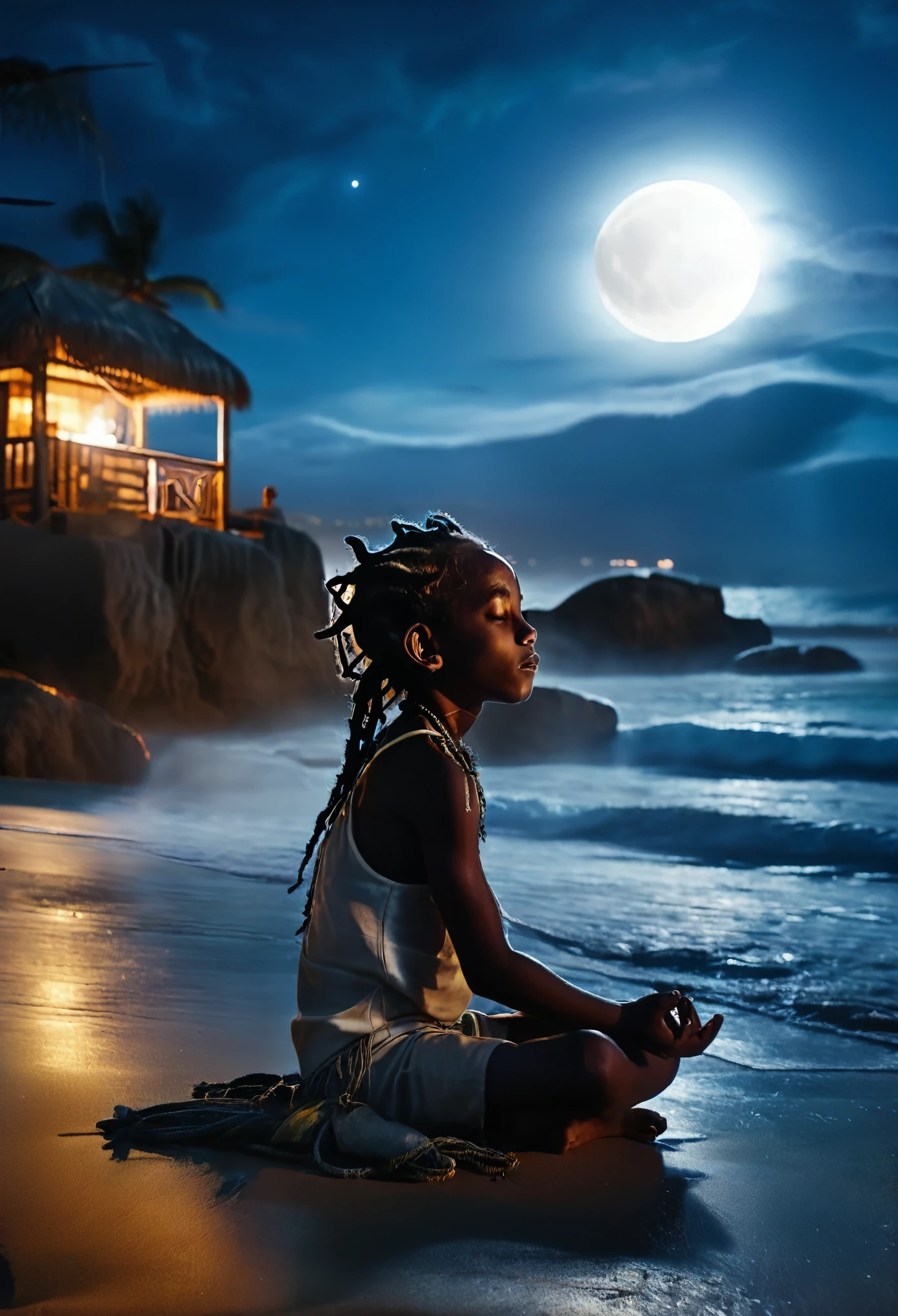 Child image of a black , with dreadlocks on his head meditating with his eyes closed. roupas de costumes budista. night sky , com uma enorme lua cheia. cinematic lighting. Child full moon Jamaican beach landscape