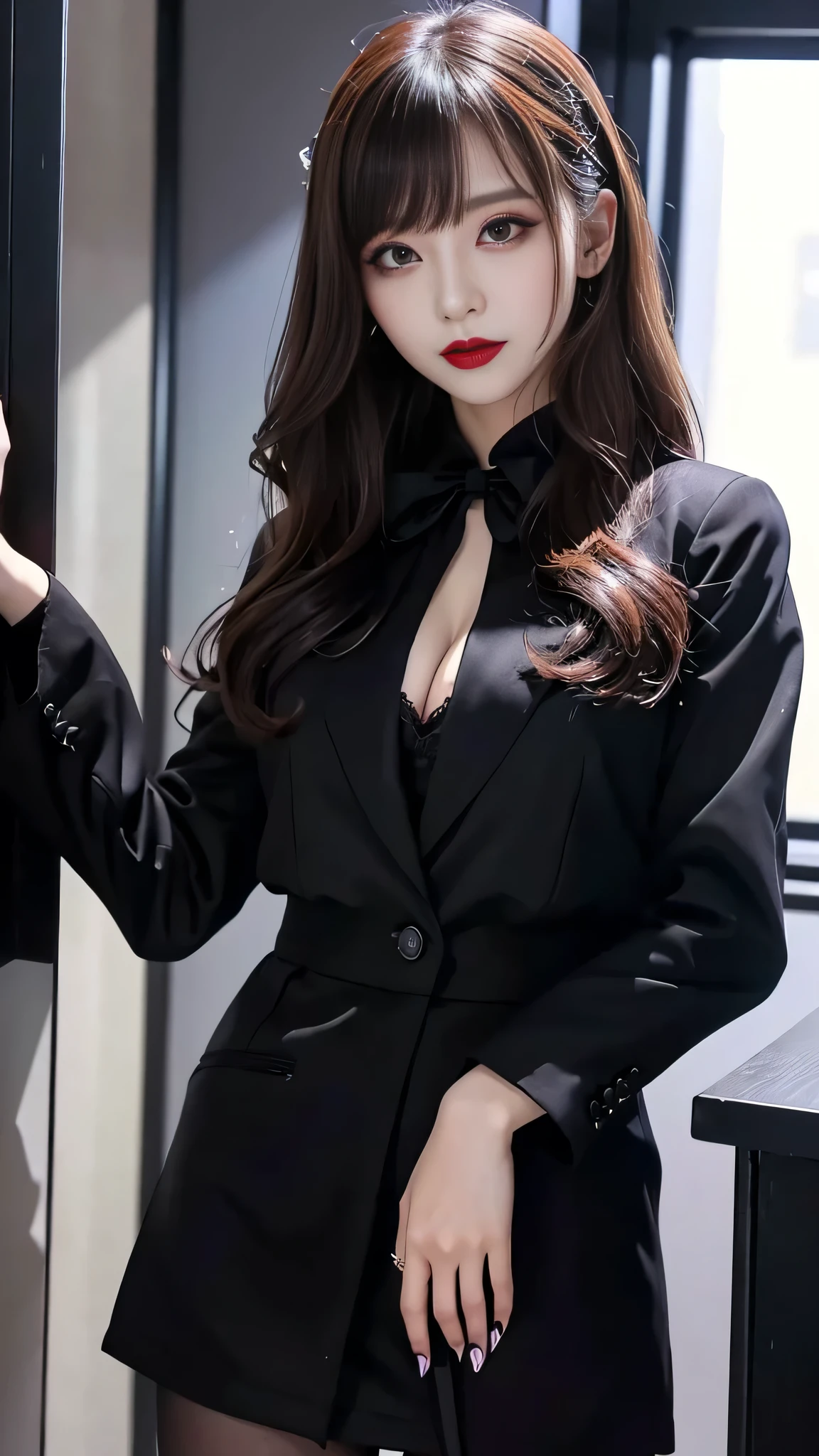 Super detailed、Japanese、charming beauty、seductive adult woman、Beautiful woman、sharp eyes、cool girl、wavy hair、flowing bangs、suit、Jacket、blouse、Tight Skirt、pantyhose、beautiful feet、evilの幹部、evil depravity、brainwashing、Mind control、lipstick、grin、evilな表情、evil、empty eyes、evil、church at night、vampire、Succubus、vampire、Purification of a possessed body、、makeup brush