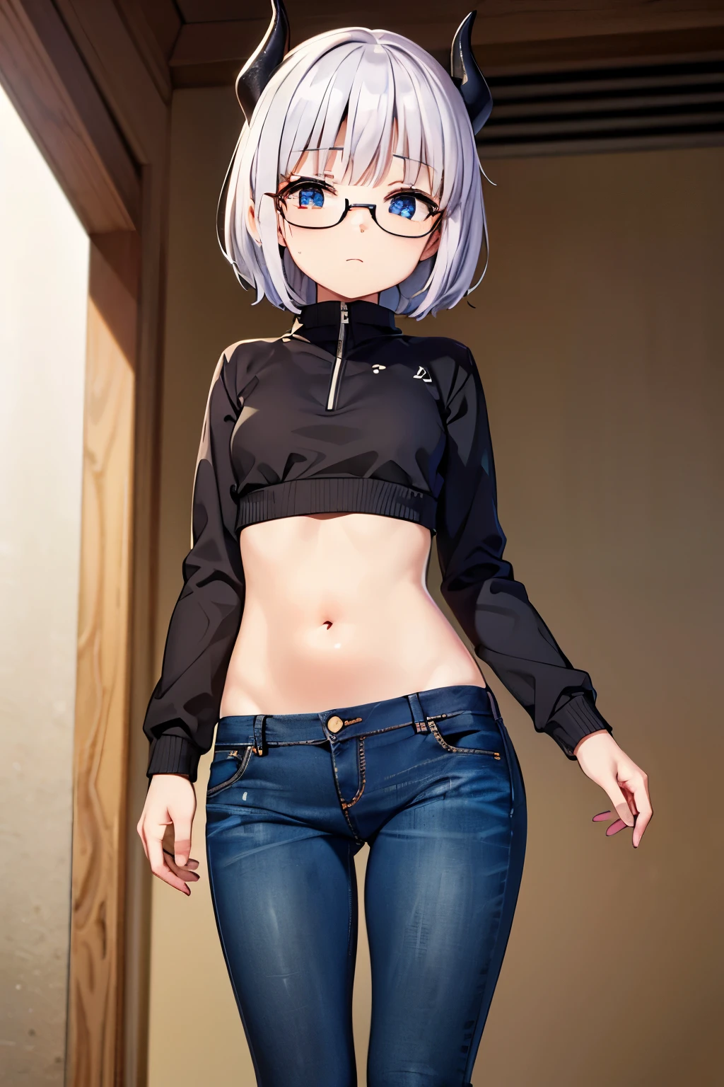 1girl,Este personaje de anime es una adolescente con cuernos de 2 y 13.2 centimeters high and 1.28 centimeters thick. Its horns are located on the upper left side of its head and show traces of its former life as a Hollow helmet.. 

Tiene el pelo 4.78 gris 3.45 Short white hair Her breasts are small, con una altura de 2 y 1.5 centimeters high and a thickness of 1.10 centimeters. He is 14 years old jeans black glasses, (sudadera con capucha). 