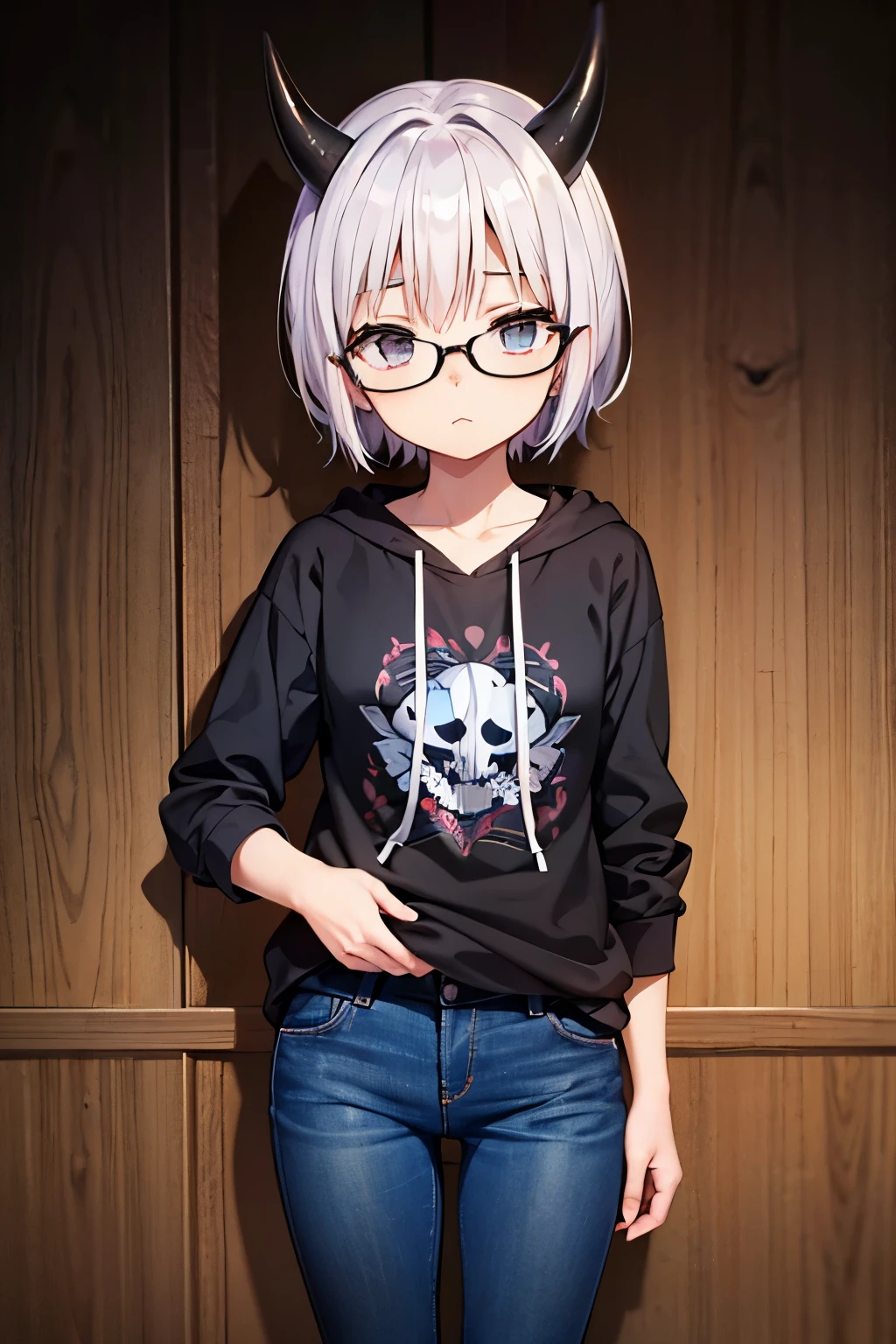 1girl,Este personaje de anime es una adolescente con cuernos de 2 y 13.2 centimeters high and 1.28 centimeters thick. Its horns are located on the upper left side of its head and show traces of its former life as a Hollow helmet.. 

Tiene el pelo 4.78 gris 3.45 Short white hair Her breasts are small, con una altura de 2 y 1.5 centimeters high and a thickness of 1.10 centimeters. He is ************ jeans black glasses, (sudadera con capucha). 