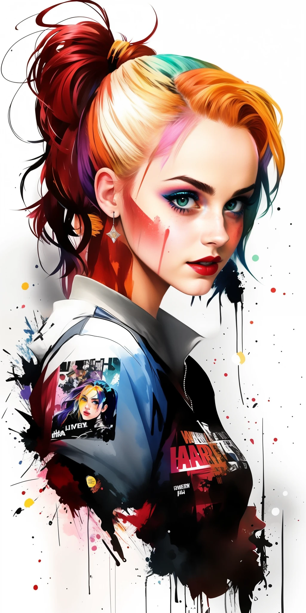 A woman with colorful hair and makeup is wearing a jacket, Retrato de Arlequina, Harley Rainha, de Arlequina, Arlequina, Emma Watson como Arlequina, vibrant fan art, emma watson is harley quinn, Harley Quinn standing, Rossdraw 2. 0, Lois Ross, trending artgerm, rossdraw desenho animado vibrante, arte colorida do filme