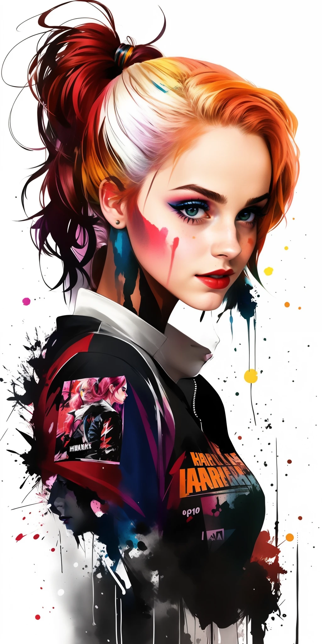 A woman with colorful hair and makeup is wearing a jacket, Retrato de Arlequina, Harley Rainha, de Arlequina, Arlequina, Emma Watson como Arlequina, vibrant fan art, emma watson is harley quinn, Harley Quinn standing, Rossdraw 2. 0, Lois Ross, trending artgerm, rossdraw desenho animado vibrante, arte colorida do filme