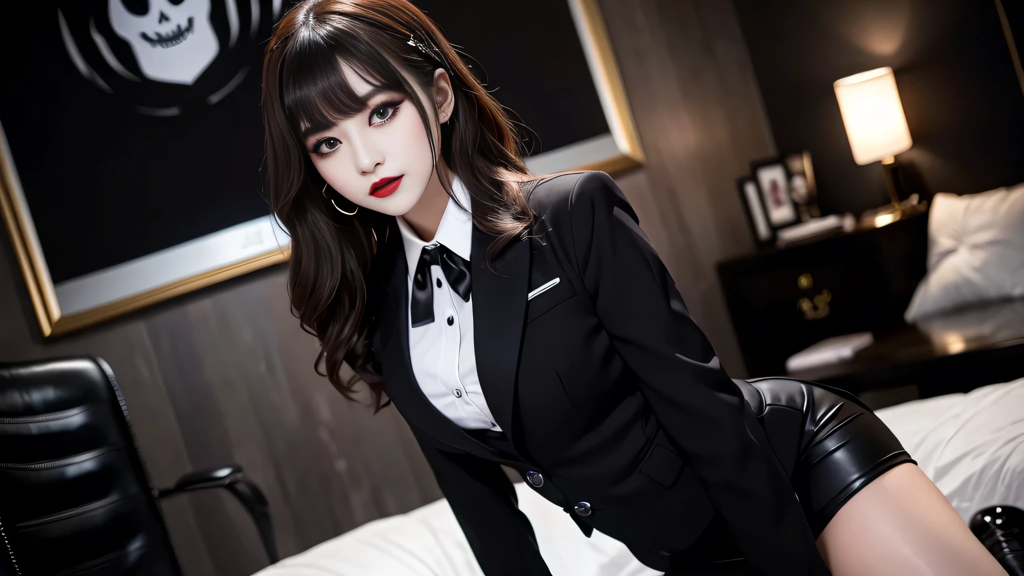 best quality、ultra-detailed、4k、Japanese、Seductive beauty、seductive adult woman、Pretty Woman、cool girl、Villainess、Brainwashed、brainwash、Fallen into evil、smirk、Evil look、Wicked Smile、evil、Brown hair、wavy hair、swept bangs、dark makeup、dark makeup、piercing eyes、hollow eyes,half-closed eyes、Hollow Eyes、purple Eyeshadow、black lipstick、black lipglos、office staff suit、suit、Jacket、Black sleeves、White Shirt、Black Ribbon、Tight Skirt、pantyhose、night、inside darkroom、Are standing、shoot from below、Have lipstick、Emblem of Evil、Crest of Darkness、Swear allegiance、I have pledged my allegiance、Dye black、Blackening、Stained with evil、Dyed in darkness、Seduce