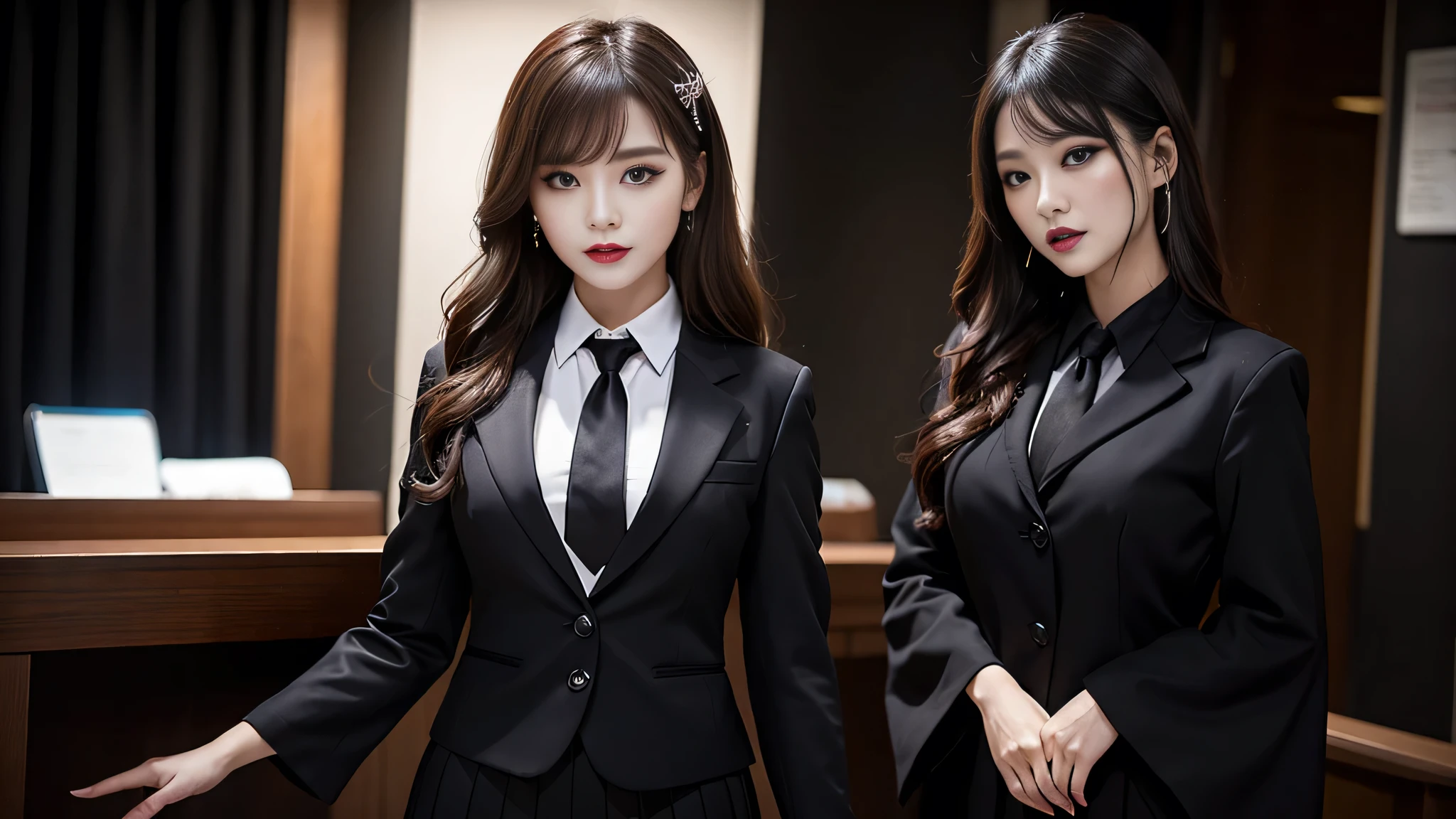 best quality、ultra-detailed、4k、Japanese、Seductive beauty、seductive adult woman、Pretty Woman、cool girl、Villainess、Brainwashed、brainwash、Fallen into evil、smirk、Evil look、Wicked Smile、evil、Brown hair、wavy hair、swept bangs、dark makeup、dark makeup、piercing eyes、hollow eyes,half-closed eyes、Hollow Eyes、purple Eyeshadow、black lipstick、black lipglos、office staff suit、suit、Jacket、Black sleeves、White Shirt、Black Ribbon、Tight Skirt、pantyhose、night、inside darkroom、Are standing、shoot from below、Have lipstick、Emblem of Evil、Crest of Darkness、Swear allegiance、I have pledged my allegiance、Dye black、Blackening、Stained with evil、Dyed in darkness、Seduce