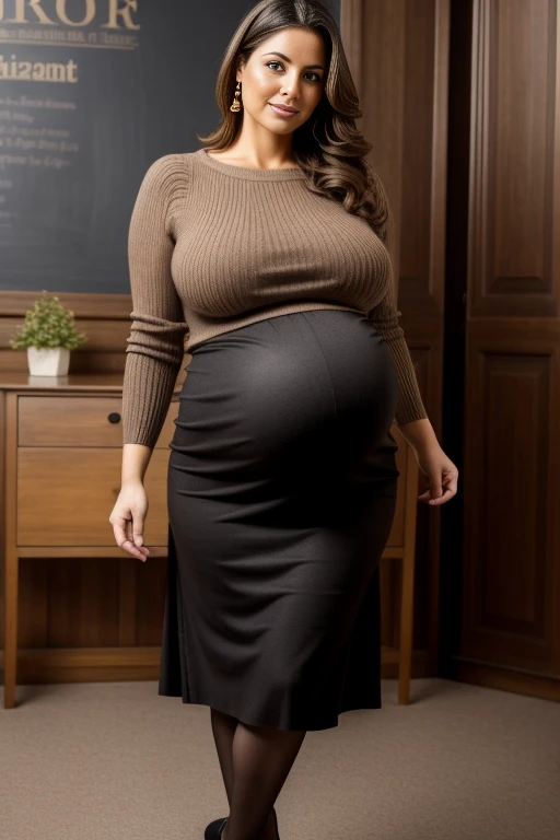 fine art portrait of a very pregnant 45yo European teacher, voluptuous, curvy hourglass figure, highest quality, sexy face high resolution, Eleonora Pavinat 45yo old, sexy knitted sweater, sexy skirt, very long leather skirt, high heels, woman with huge breasts:1.5, curvy hourglass figure, huge protruding pregnant belly, walking through the crowded classroom, extremely erotic lady