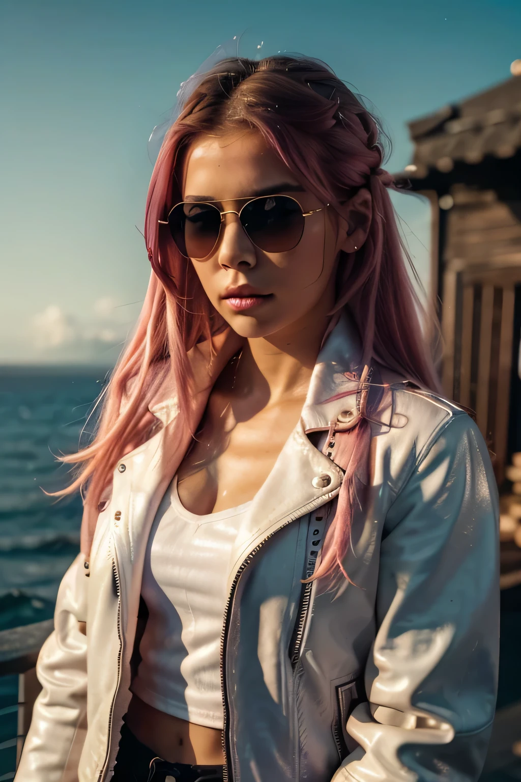 European sad girl with tint sunglasses Pink hair, in a photo shouting room, attractive lips, stunningly beautiful woman, sad posing like a professional model, feminine form, stunningly gorgeous, sad, film photography, extreme detail, 4k, ultra hd hyperrealism, trending on artstation, polished, photorealistic, backlight, hair light, 8k ultra hd. 23 years oldPerfect body , Full body clothed view, Tall ,detailed skin, skin texture), t-shirt white and ((leather jacket)) ,casual , pastel dark pink very long hair, pink twintail hair , , ((( sea view at night ))), (detailed skin, skin texture) ,Highest-quality , High Detailed photo ,((tint sunglasses)) dark sea view , night sea view