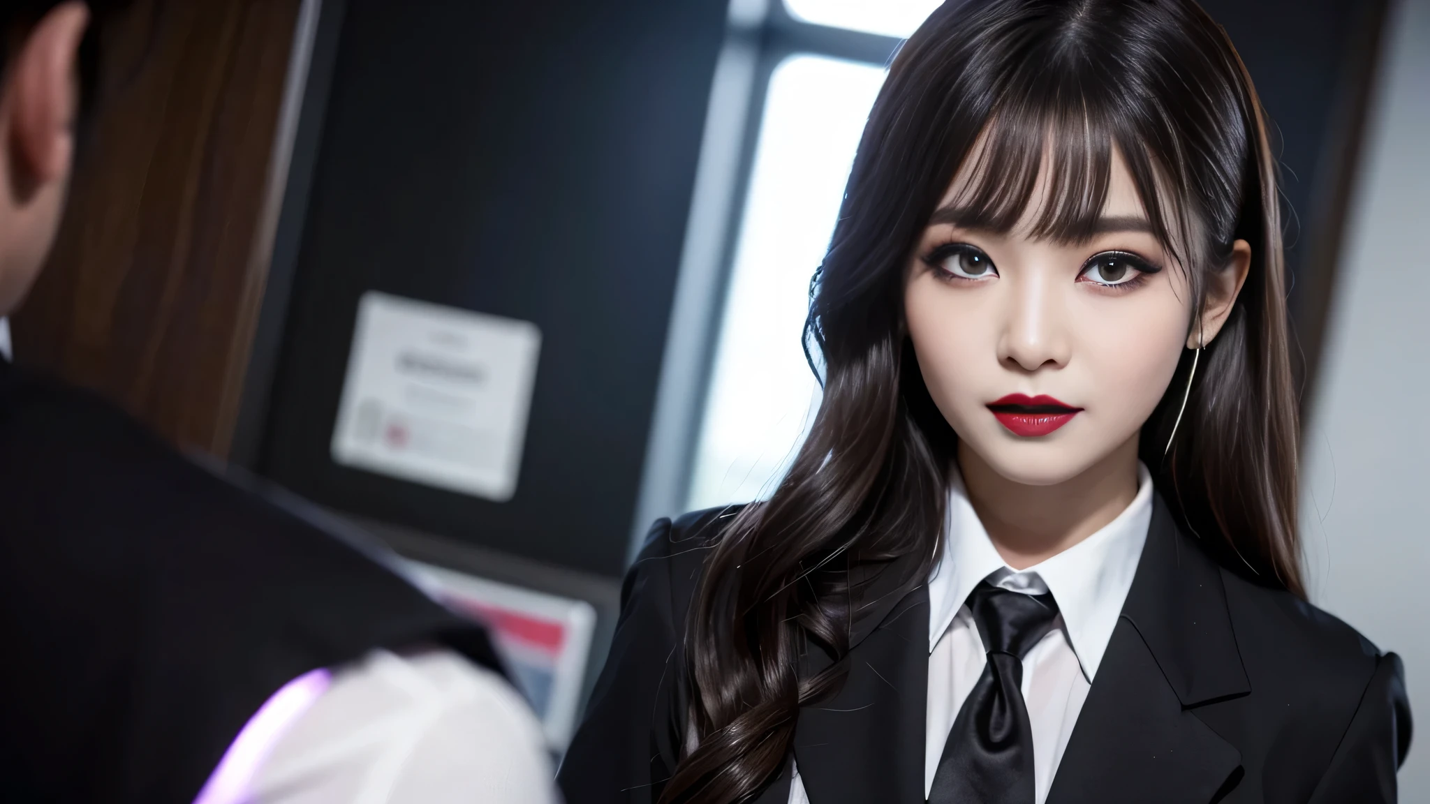 best quality、ultra-detailed、4k、Japanese、Seductive beauty、seductive adult woman、Pretty Woman、cool girl、Villainess、Brainwashed、brainwash、Fallen into evil、smirk、Evil look、Wicked Smile、evil、Brown hair、wavy hair、swept bangs、dark makeup、dark makeup、piercing eyes、hollow eyes,half-closed eyes、Hollow Eyes、purple Eyeshadow、black lipstick、black lipglos、office staff suit、suit、Jacket、Black sleeves、White Shirt、Black Ribbon、Tight Skirt、pantyhose、night、inside darkroom、Are standing、shoot from below、Have lipstick、Emblem of Evil、Crest of Darkness、Swear allegiance、I have pledged my allegiance、Dye black、Blackening、Stained with evil、Dyed in darkness、Seduce