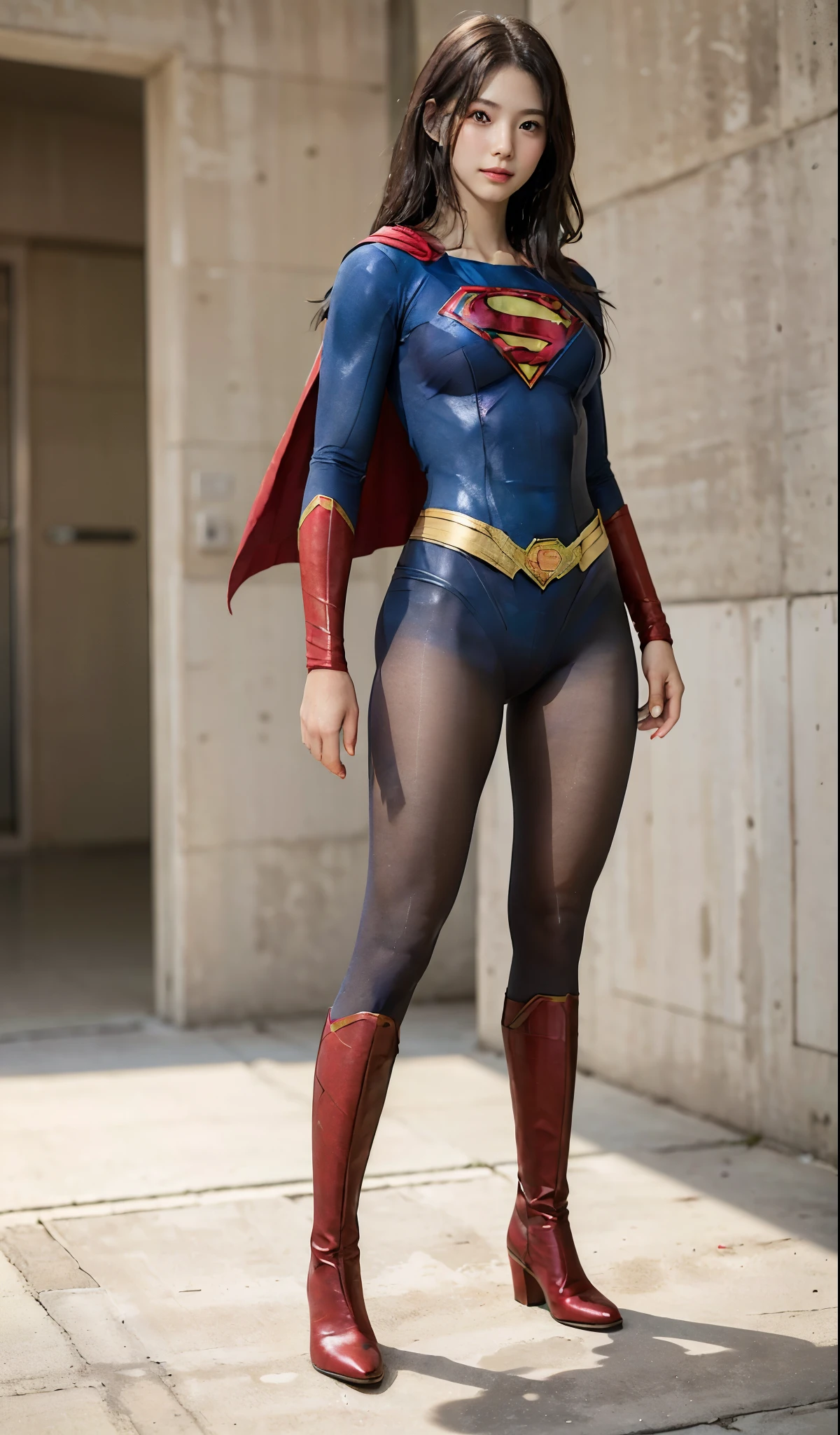 No background、(((Beautiful legs in black tights.)))、(((Legally express the beauty of your smile)))、((((Make the most of your original images)))、(((Body-fitting Supergirl costume)))、(((Supergirl Costume)))、(((Beautiful Hair)))、(((suffering)))、(((Please wear black tights....、Wear red boots)))、((Best image quality、8k))、((highest quality、8k、masterpiece:1.3))、(((Preserve background )))、Sharp focus:1.2、Beautiful woman with perfect figure:1.4、Slim Abs:1.2、Wet body:1.5、Highly detailed face and skin texture、8k