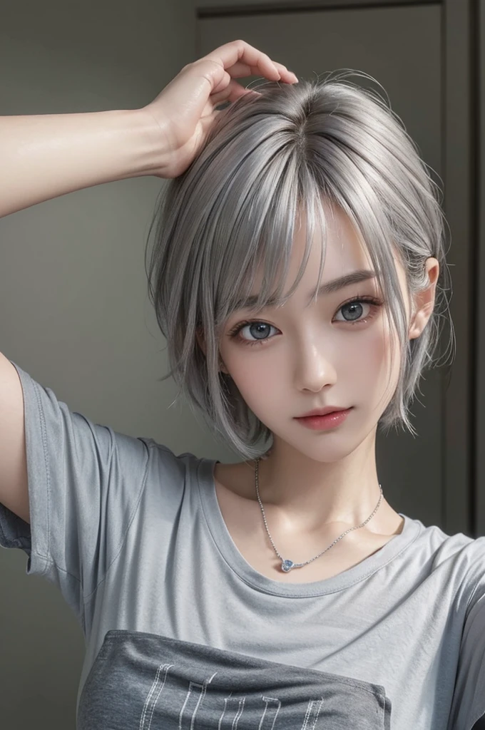 (Surreal) , (Like the picture:1.4),(Increase the resolution), (8k), (Very detailed), (Beautiful and fine details), (highest quality), (Ultra-detailed), (masterpiece), (wallpaper), (Detailed face), solo,1 girl, perfect beautiful japanese woman:1.4、19 years old、Looking at the audience, Subtle details, Detailed face, Cloudy, Deep Shadow, A gentle smile,Short hair silver color,My hair is messy,Looking up,(Tight T-shirt :1.2),Background is night,Camera angle high angle,Various poses,necklace,Pin on right ear,Attractive face, Medium chest, Dynamic pose,