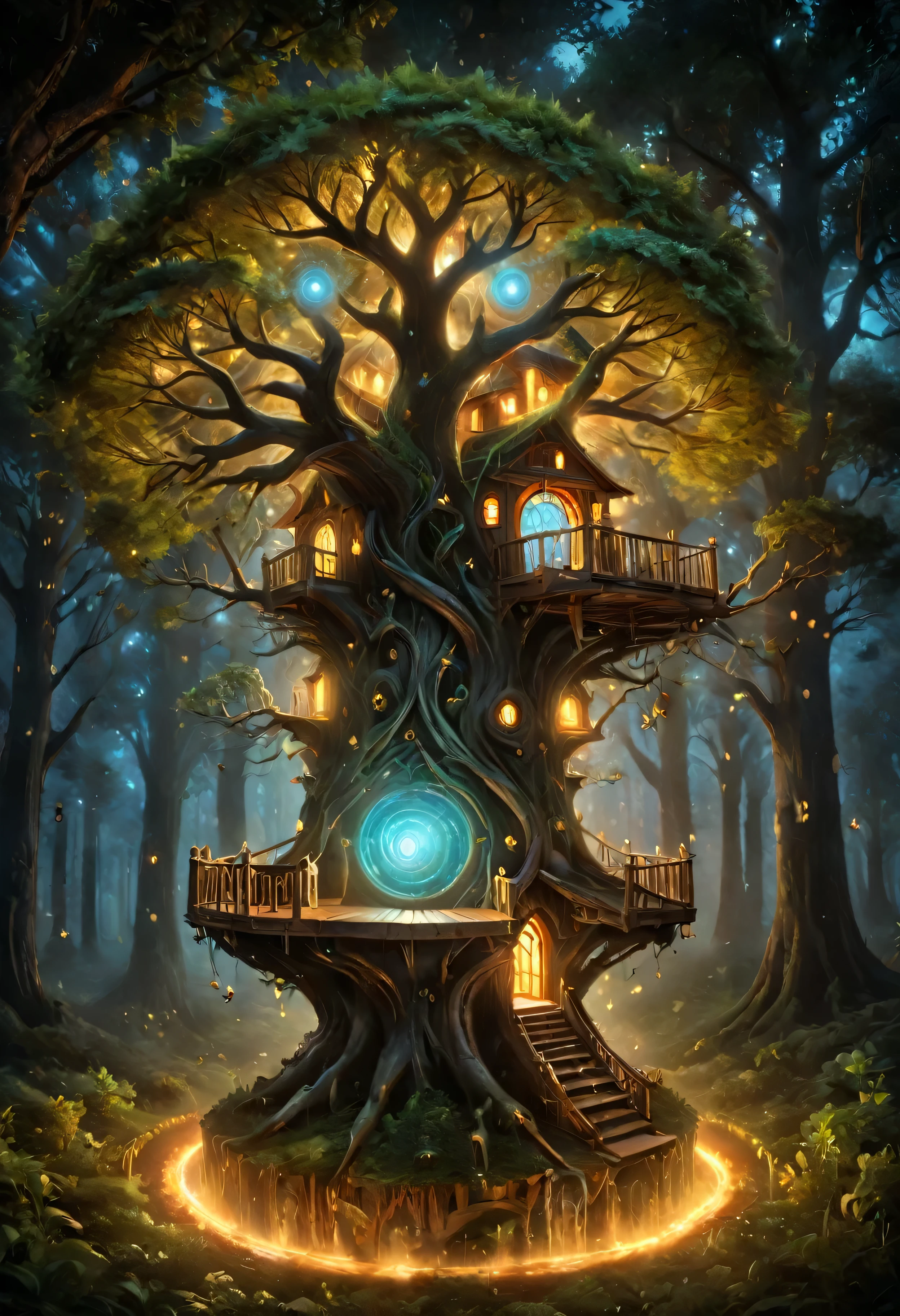 A strange and enchanted treehouse filled with light and seamlessly molded into the tree, as if it were a part of it. Vibrant colors, perfect and realistic details. (best quality,ultra-detailed,photorealistic:1.37), colorful, magical, dreamlike, carefully blended with nature, illuminated by sunlight streaming through the leaves, surrounded by lush foliage, cozy and inviting atmosphere, delightful and whimsical, a hidden treasure in the forest, adorned with delicate flowers and intricate vines, adorned with twinkling fairy lights, a secret sanctuary in the treetops, enchanting and captivating, harmonious integration of architecture and nature, a haven of tranquility and serenity.