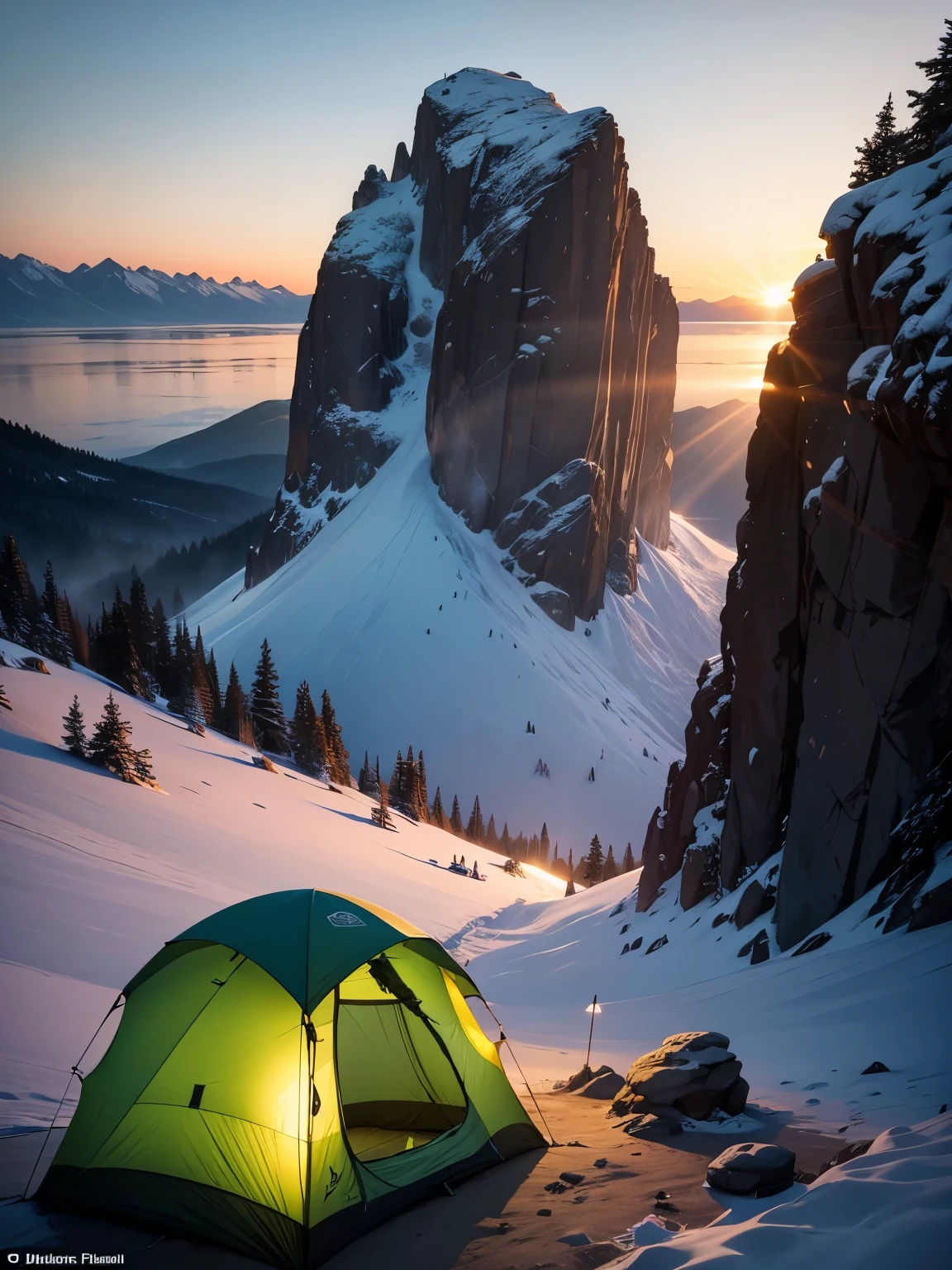 Adventure Camp: Envision an adventurous campsite at the base of a climbing rock face. Tents are set up, and climbing gear is scattered around. Campers are preparing for an early morning ascent, with headlamps and gear ready, as the first light of dawn begins to break.