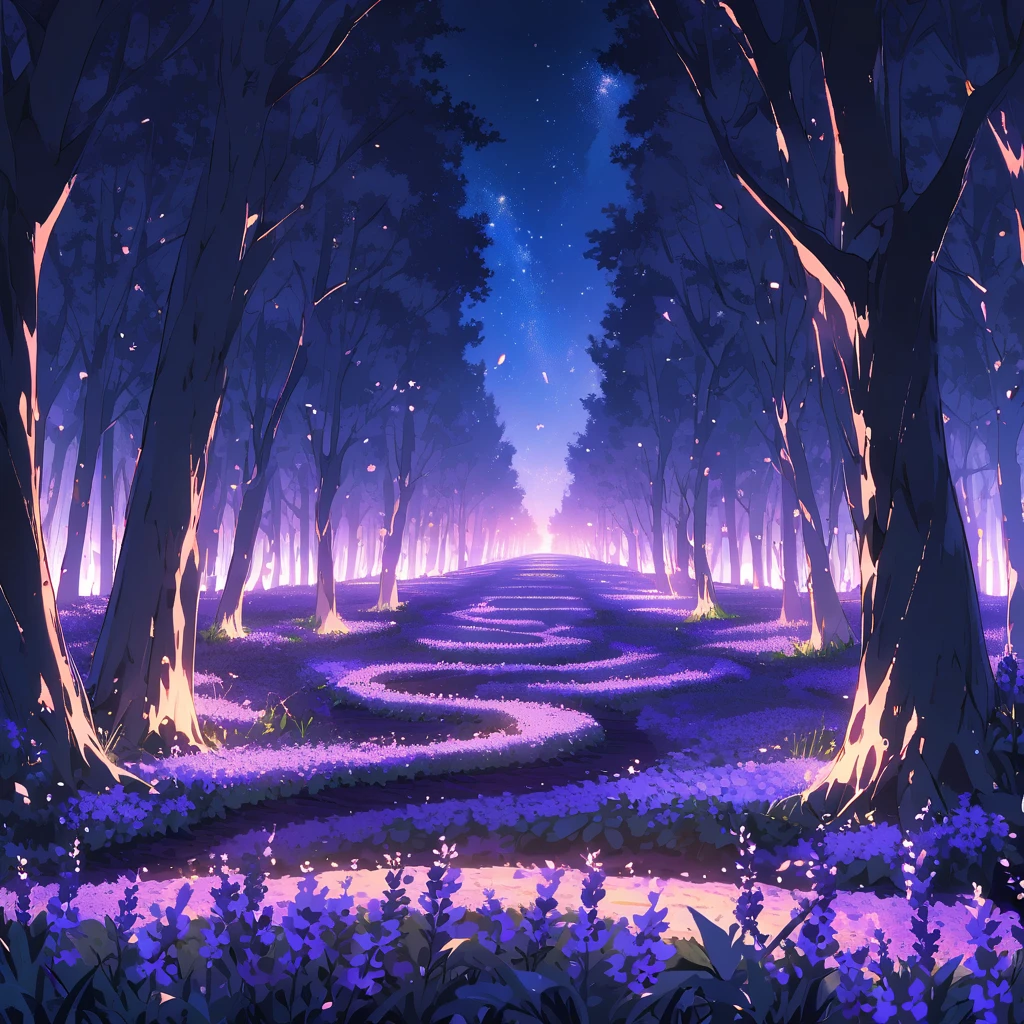 Path through a forest filled with lavenderfields and lightningbugs at night