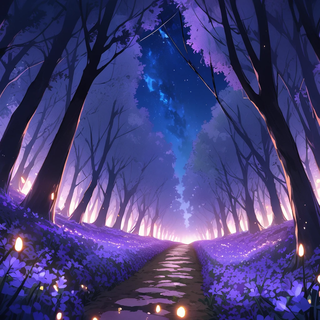 Path through a forest filled with lavenderfields and lightningbugs at night