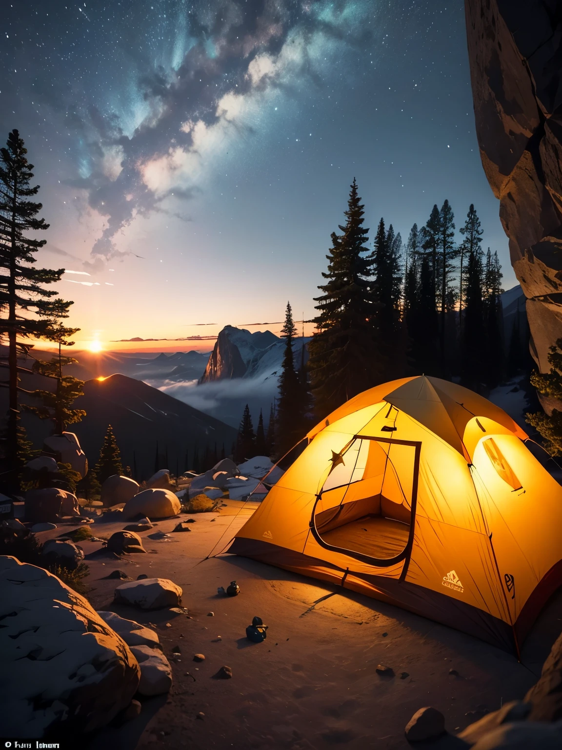 Adventure Camp: Envision an adventurous campsite at the base of a climbing rock face. Tents are set up, and climbing gear is scattered around. Campers are preparing for an early morning ascent, with headlamps and gear ready, as the first light of dawn begins to break.