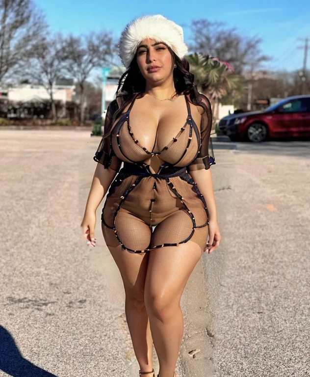 See through summer Button up drees, short dress, curvy body, cleavage, Arab skin color, curvy, low cut, big cleavage, , legs, thighs, short dress, upper thighs exposed, natural breast