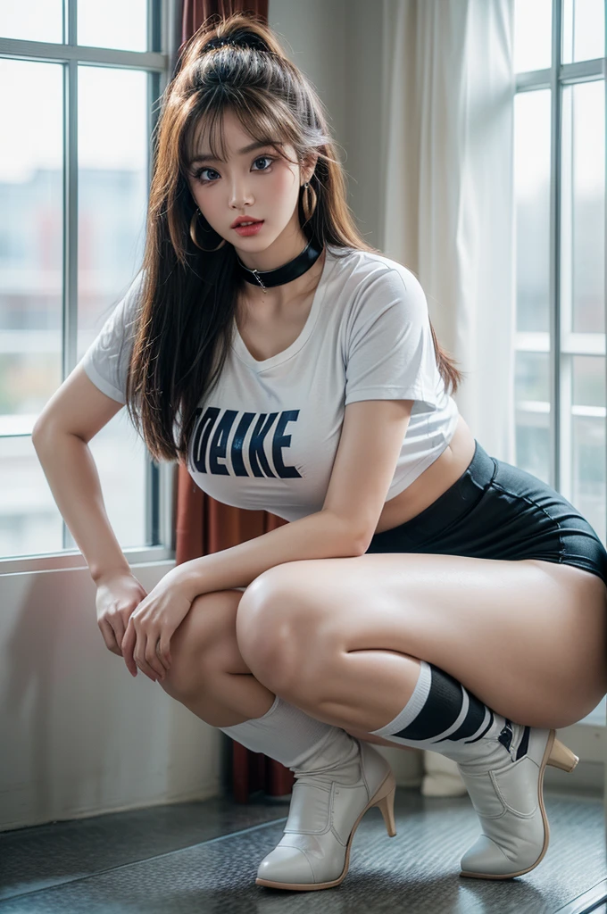 Asian girl ,bimbo, Long eyelashes ,big lips,enlarged lips,big blue eyes,chubby cheeks,huge fake tits,narrow waist,wide hips,thick thighs,pumped gigantic round ass,long legs,perfect abs,(athletic build),short straight hair blonde ,bronze tan,(clothes:white t-shirt short,black polyester skirt,knee high socks white with black stripe,choker,high-heeled pumps,earrings),(location: gym,panoramic window,evening),(sexy pose ),(horny,sexy,hot),(role model:the athlete ),smoky eyes ,bright makeup,(ahegao face),(high quality),(high detail),(8K,UHD),top view 