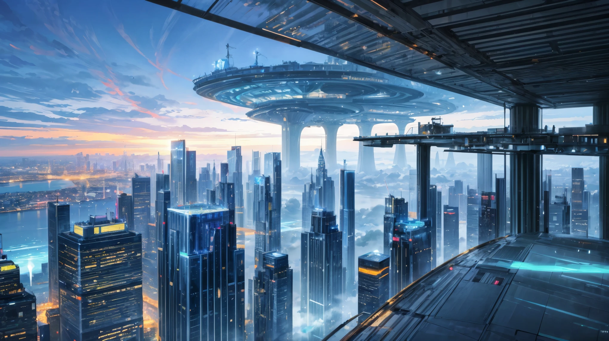 (Best quality,4K,8K,A high resolution,Masterpiece:1.2),Ultra-detailed,(Realistic,Photorealistic,photo-realistic:1.37),Futuristic floating city,Futuristic technology,Huge urban high-tech tablet platform,Airship,Floating in the sky,Futuristic city,Small airships around,High-tech hemispherical platform,Colorful lights,Advanced architecture,modernn architecture,skyscrapper,Access the cloud,Scenic beauty,view over city,Impressive design,Blend seamlessly with nature,energetic and vibrant atmosphere,Futuristic transportation system,Parking is suspended,Transparent path,Lush greenery,Sky gardens,cascading waterfalls,Magnificent skyline,reflections on the water,Sparkling river,Architectural innovation,futuristic skyscrapers,Transparent dome,The shape of the building is unusual,Elevated walkway,Impressive skyline,Glowing lights,Futuristic technology,Minimalist design,Scenic spots,Panoramic view,Cloud Piercing Tower,Vibrant colors,epic sunrise,epic sunset,Dazzling light display,magical ambiance,The future city,Urban Utopia,LuxuryLifestyle,Innovative energy,sustainable development,Smart city technology,Advanced infrastructure,Tranquil atmosphere,Nature and technology live in harmony,Awesome cityscape,Unprecedented urban planning,Architecture connects seamlessly with nature,High-tech metropolis,A cutting-edge engineering marvel,The future of urban living,Visionary architectural concept,Energy-efficient buildings,Harmony with the environment,A city floating above the clouds,Utopian dreams become reality,The possibilities are endless,State-of-the-art transportation network,Green energy integration,Innovative materials,Impressive holographic display,Advanced communication system,Breathtaking aerial view,Quiet and peaceful environment,Modernist aesthetics,Ethereal beauty