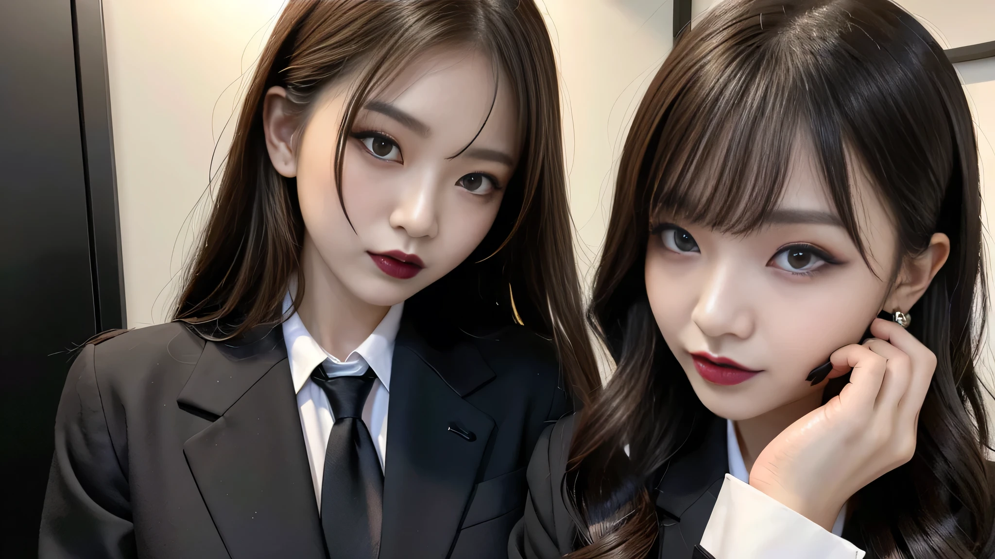 best quality、ultra-detailed、4k、Japanese、Seductive beauty、seductive adult woman、Pretty Woman、cool girl、Villainess、Brainwashed、brainwash、Fallen into evil、smirk、Evil look、Wicked Smile、evil、Brown hair、wavy hair、swept bangs、dark makeup、dark makeup、piercing eyes、hollow eyes,half-closed eyes、Hollow Eyes、purple Eyeshadow、black lipstick、black lipglos、office staff suit、suit、Jacket、Black sleeves、White Shirt、Black Ribbon、Tight Skirt、pantyhose、night、inside darkroom、Are standing、shoot from below、Have lipstick、Emblem of Evil、Crest of Darkness、Swear allegiance、I have pledged my allegiance、Dye black、Blackening、Stained with evil、Dyed in darkness、Seduce