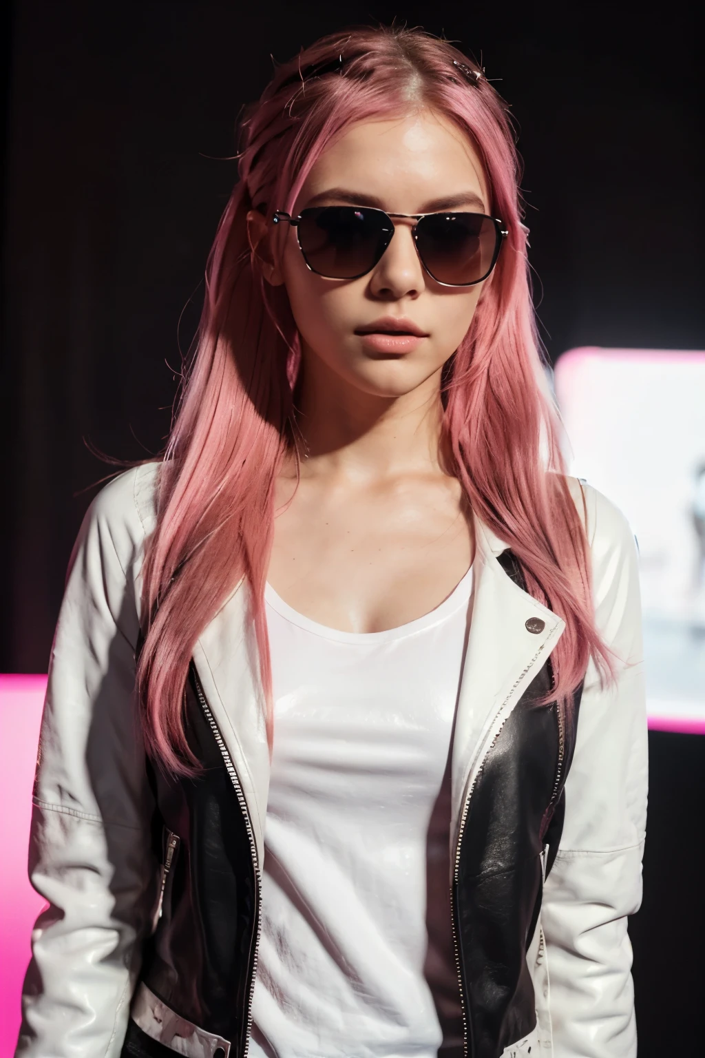 European girl with tint sunglasses Pink hair, in a photo shouting room, attractive lips, stunningly beautiful woman, posing like a professional model, feminine form, stunningly gorgeous, flirty and playful, film photography, extreme detail, 4k, ultra hd hyperrealism, trending on artstation, polished, photorealistic, backlight, hair light, 8k ultra hd. 23 years oldPerfect body , Full body clothed view, Tall ,detailed skin, skin texture), t-shirt white and ((leather jacket)) ,casual , pastel dark pink very long hair, pink twintail hair , , ((( black background))), (detailed skin, skin texture) ,Highest-quality , High Detailed photo ,((tint sunglasses))