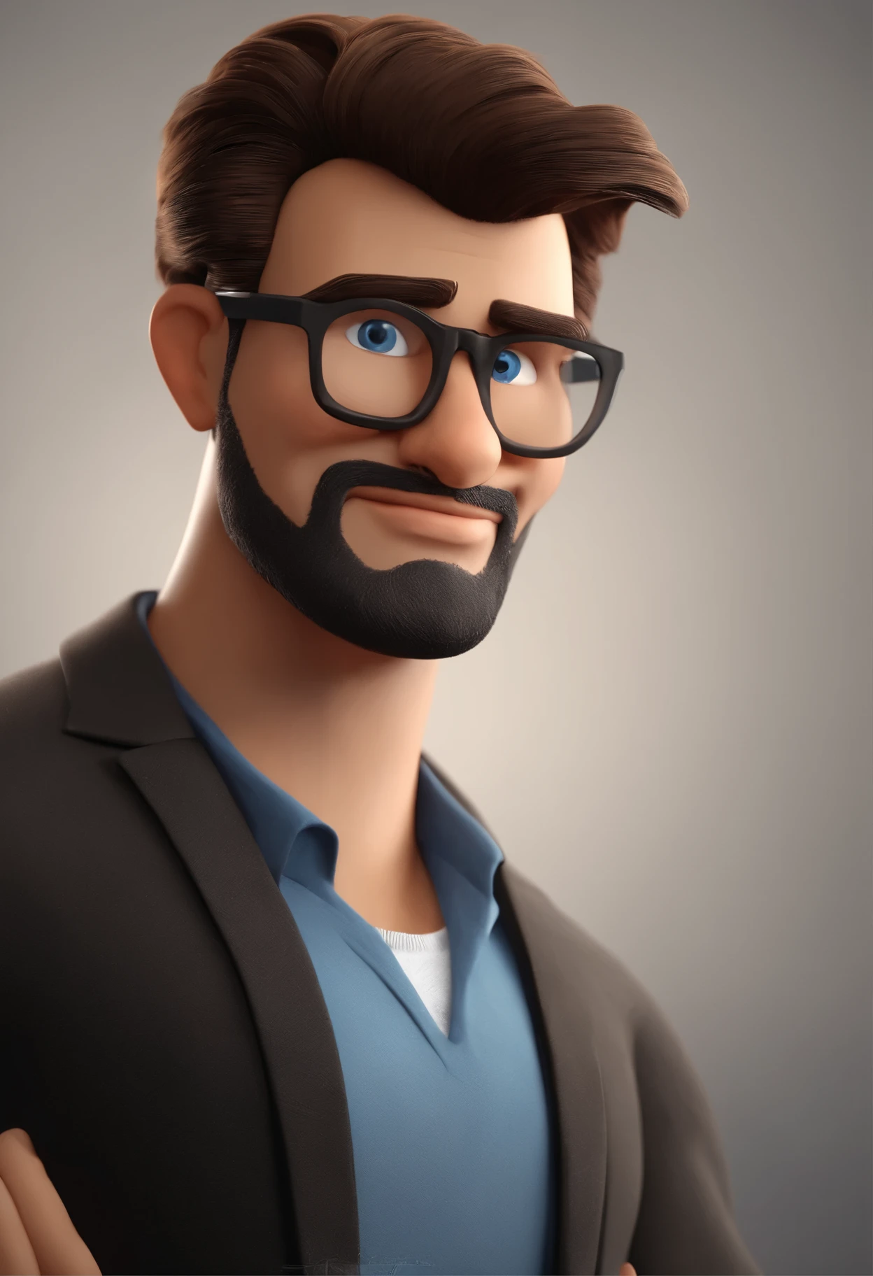 Cartoon character of a man in black glasses and blue shirt, um personagem animado, Caractere estilizado, animation style rendering, 3D estilizado, Arnold Maya rendering, Stylized 3D rendering, toon render screenshot, Personagem 3D, Personagem 3D, Stylized 3D rendering, 3D character rendering, personagem de desenho animado, Personagem de close up, Pose de personagem, (Estilo Pixar) (parte mestre:1.2) (Bokeh) (melhor qualidade) (pele detalhada) (textura detalhada) (8K) (argila) (cinematic lighting) (sharp focus，Senta e vaza a parte superior do corpo