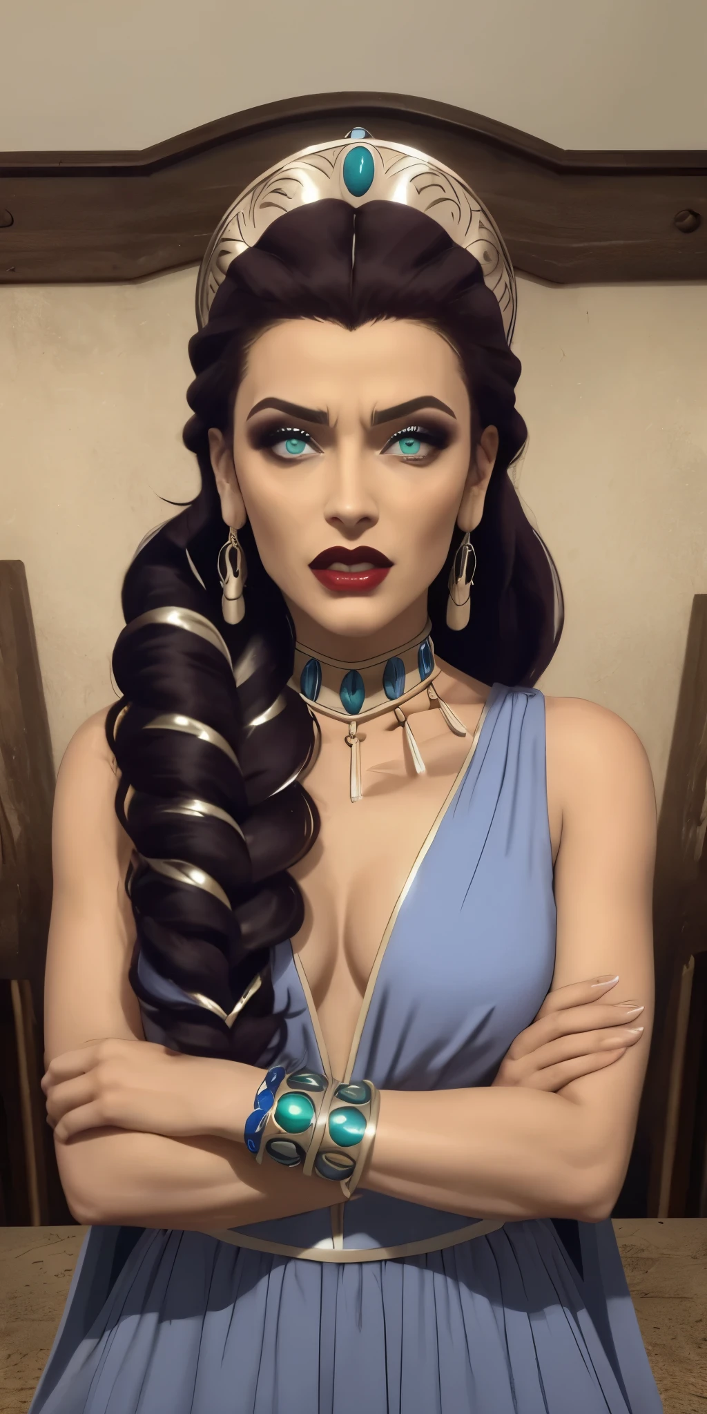 vestir_SangueDeZeus_Hera_ownwaifu,
1 garota,single braid, cabelo por cima do ombro, seios,Cabelo muito comprido, tornozeleira, cabelo roxo, olhos azuis, lipstick, inventar, medium seios, red lips, clavicle, franja, lips, joia, brincos, pulseira, Bracelete, tiara, pele colorida, colar, coroa, large seios, clamp, hair ornament,
vestir, decote, cape, decote, roupas gregas, esclera colorida, Ombros nus, abertura central, capa azul, long vestir,
((Obra de arte)),((melhor qualidade)),(high resolution, absurdos), original, oficial_arte, olhando para o espectador, Sozinho, focado, ao ar livre, dia, tiro de vaqueiro,