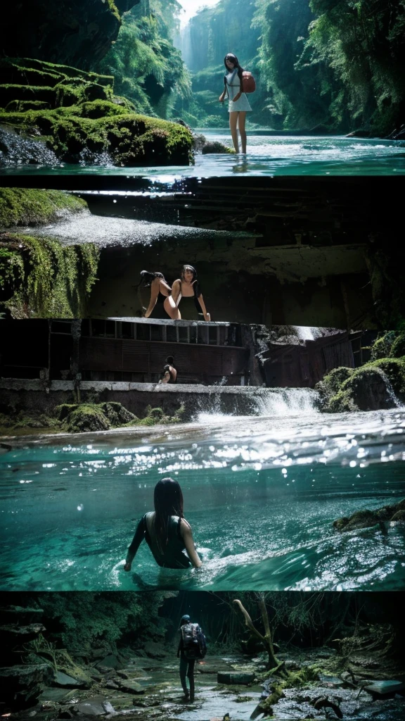 In the water,moss,Showa,Collapse,Devastation,Inside the ruins,Glasses,Women,adventure,Black and White,