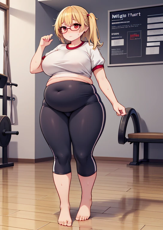 (masterpiece, best quality, highly detailed), 1girls, big belly, huge belly, art by kipteitei, round belly, chubby, curvy, belly grab, enormous belly, fat belly, thicc, bigger belly, really big belly, jiggly belly, glasses, gym clothes, barefoot, sweaty, ((sweating)), very tight breasts, ((full body)), (grown up), ((milf)), flandre scarlet