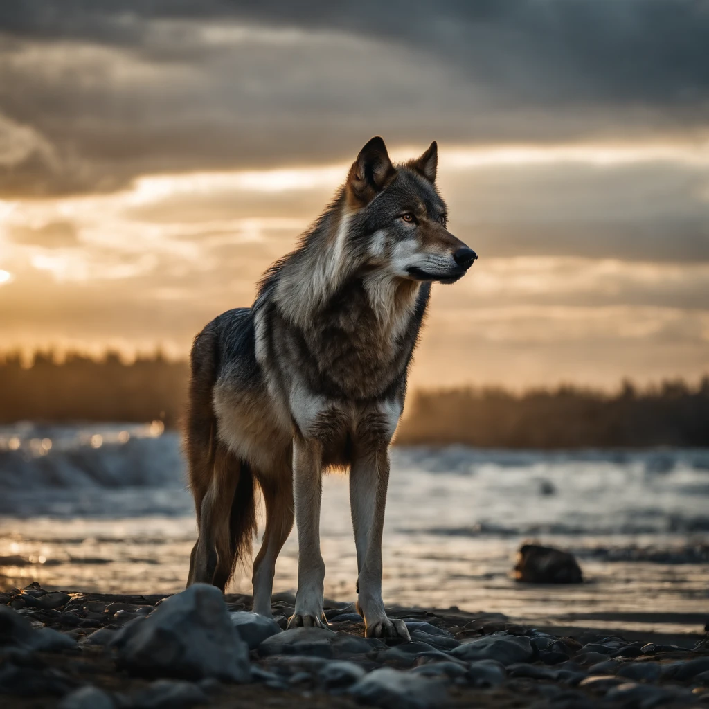 A wolf drinking from the beautifull sea of fish.