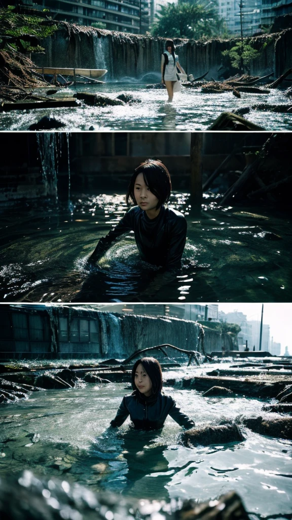 In the water,moss,Showa,Collapse,Devastation,Inside the ruins,Glasses,Women,adventure,Black and White,