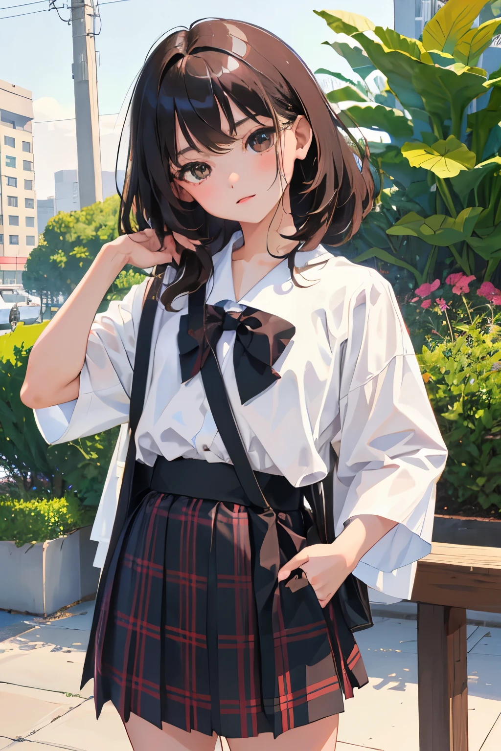 (),highest quality,Beautiful face in every detail,cute,Dark brown eyes,(背の低いcute女の子,Smallg student,Yoicate girl),(masterpiece,Top quality),Black Hair,Sleepy expression,Short sleeve white shirt,Plaid white skirt