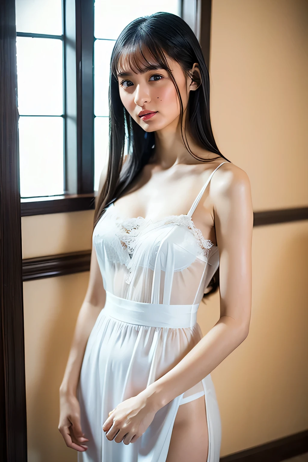 (8k、RAW Photos、highest quality、masterpiece:1.2)、(Realistic、Realistic)、1 girl、((full body shot)), micro skirt,standard height，narrow waist, slim body,８ｋ、High resolution、punk fashion、beautiful girl、Android Body、young、white skin,、narrow eyes, lighting that illuminates、clear image、intellectual beauty、skinny、no makeup、anxious look、lighting that illuminates ,shining hair、single eyelid,blue eyeaid,maid clothes,see through