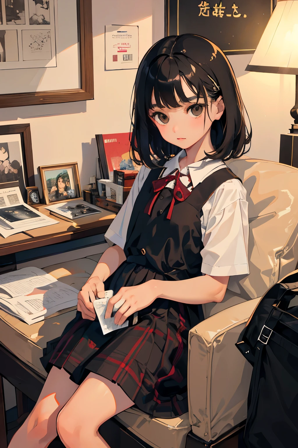 ()，highest quality，Beautiful face in every detail，cute，Dark brown eyes，(背の低いcute女の子，Smallg student，Yoicate girl）,（masterpiece，Top quality)，Black Hair，Sleepy expression，Short sleeve white shirt，Plaid white skirt