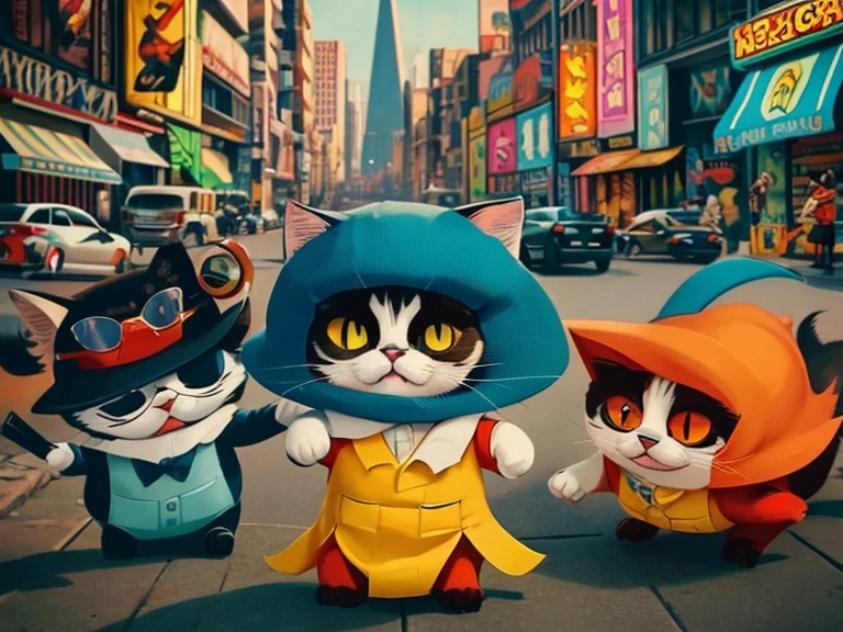 comics, Surreal, Cinematic, dramatic, comical, Dynamic Views, Very colorful, HD quality, 7 cute anthropomorphic kittens, Trickster Style, 1930s style gangster, In the back alleys of the big city, relax, Sarcastic smile,