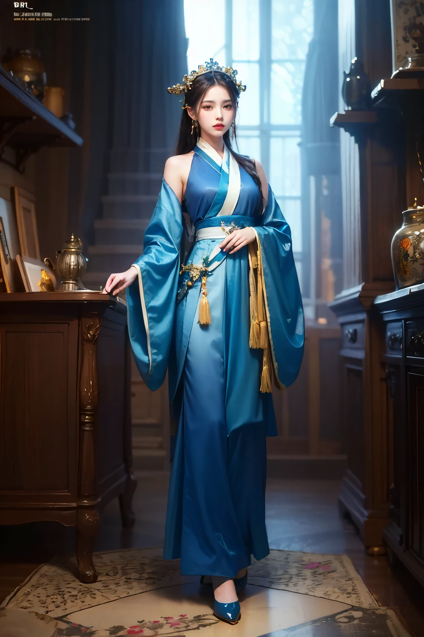 A mesmerizing and visually stunning fractal artwork featuring a single female figure, hanfu, created by a renowned artist, showcasing intricate details and vibrant colors. Official art quality with a strong aesthetic appeal. High resolution rendering in 4K