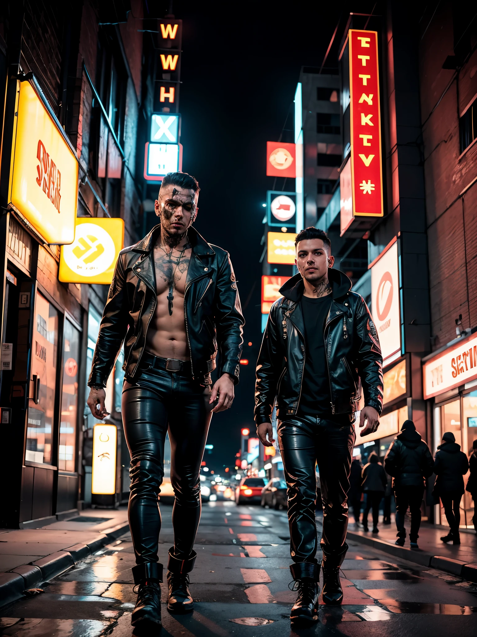 Professional photo in cyberpunk style, thigh-high photo, one man, metal skull, scar on face, metal torso, metal arms, old rusty armor, night city, neon lights, eye contact, looking at viewer,