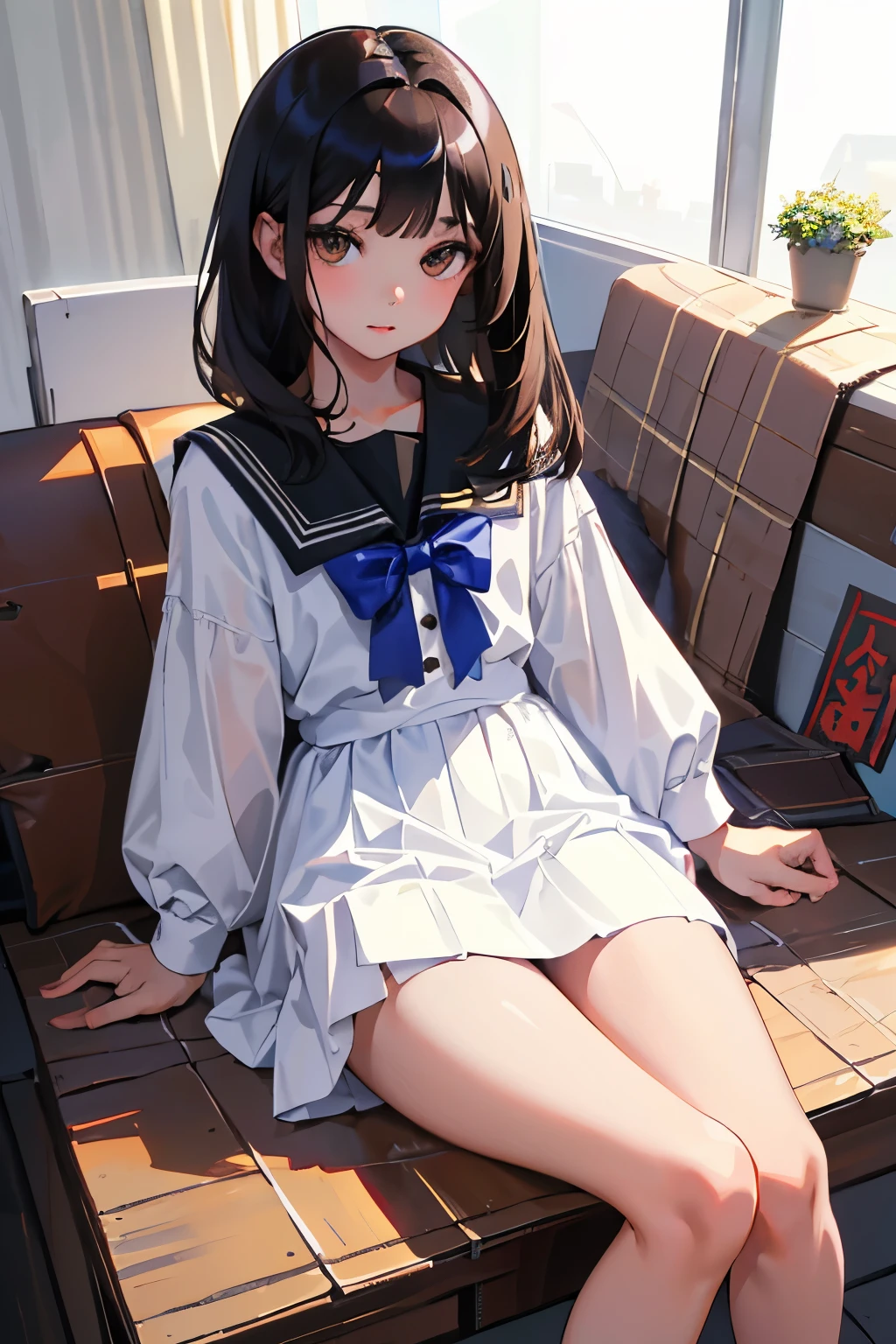 (child),highest quality,Beautiful face in every detail,cute,Dark brown eyes,(背の低いcute女の子,Small young student,Young delicate girl),(masterpiece,Top quality),Black Hair,Sleepy expression,Short sleeve white shirt,Plaid white skirt