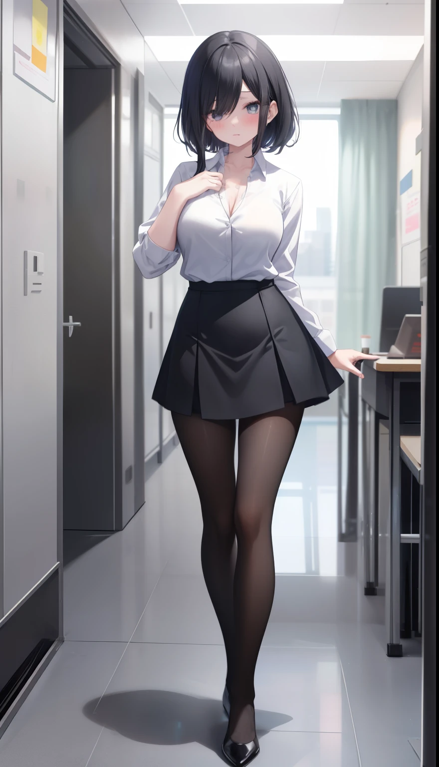 One Girl、positive、Standing posture、Full body portrait、Black Hair、Medium Haircut、blush、Absolute area、Black knee-high socks、Knee-length、stockings、Black Pantyhose、White underwear、Light blue shirt、Blue-gray business suit、Grey tight mini skirt、Japanese office lady、Summer clothes、classroom、Stand on the podium、Daytime、(Very large breasts)、Cleavage、open chest shirt、((Lesbians around the world))、masterpiece、(highest quality)、
Panties around the ankles、Black high heels、Shirt buttons fly off