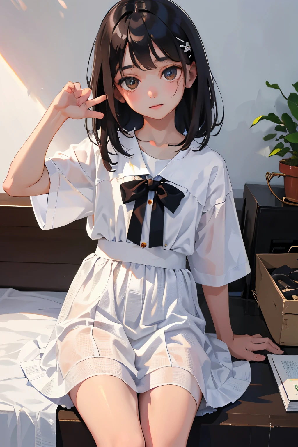 (child)，highest quality，Beautiful face in every detail，cute，Dark brown eyes，(背の低いcute女の子，Small young student，Young delicate girl）,（masterpiece，Top quality)，Black Hair，Sleepy expression，Short sleeve white shirt，Plaid white skirt