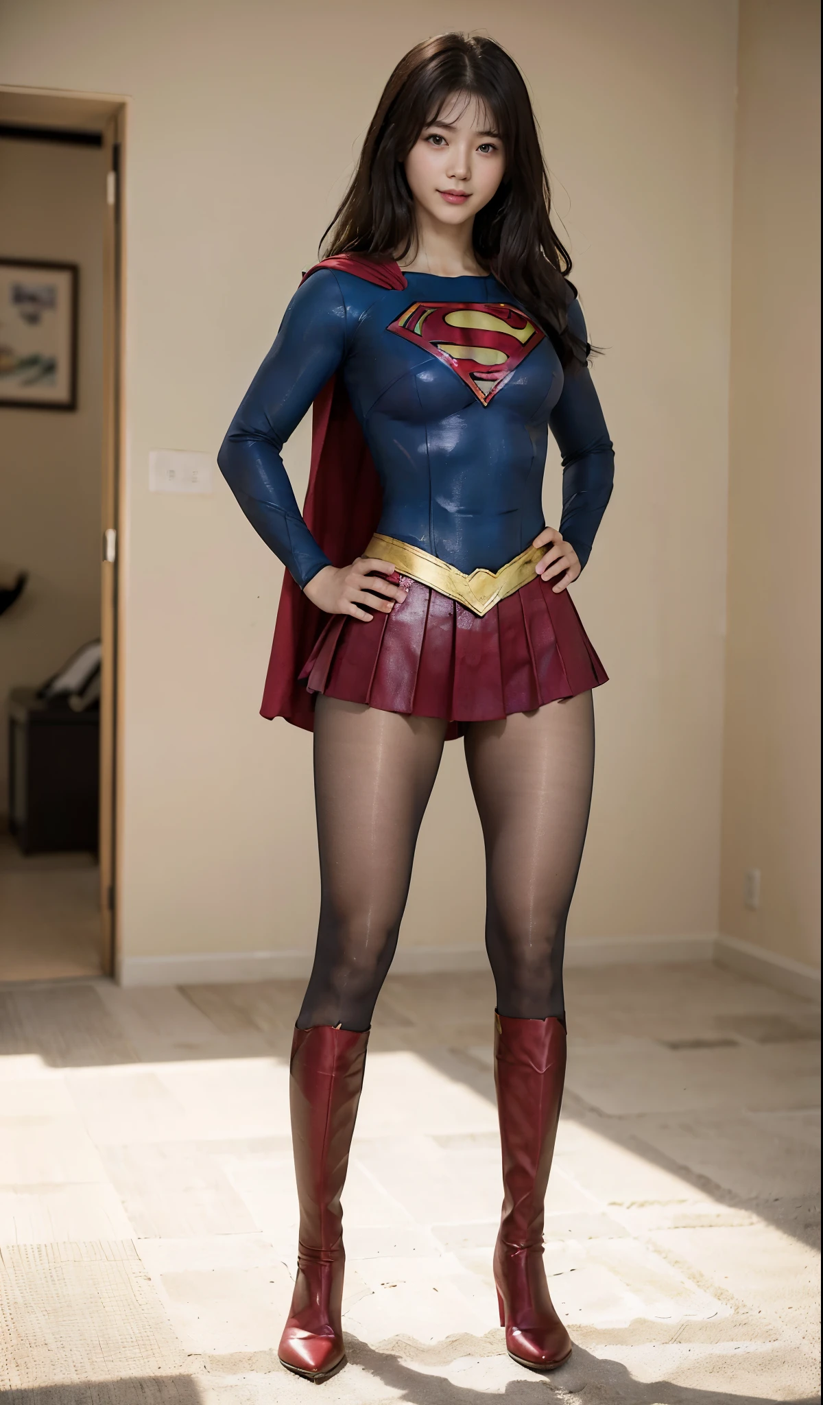 No background、(((Beautiful legs in black tights.)))、(((Legally express the beauty of your smile)))、((((Make the most of your original images)))、(((Body-fitting Supergirl costume)))、(((Supergirl Costume)))、(((Beautiful Hair)))、(((suffering)))、(((Please wear black tights....、Wear red boots)))、((Best image quality、8k))、((highest quality、8k、masterpiece:1.3))、(((Preserve background )))、Sharp focus:1.2、Beautiful woman with perfect figure:1.4、Slim Abs:1.2、Wet body:1.5、Highly detailed face and skin texture、8k