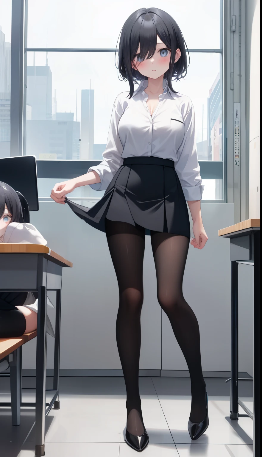 Anime girl in a skirt and shirt standing in front of a window - SeaArt AI