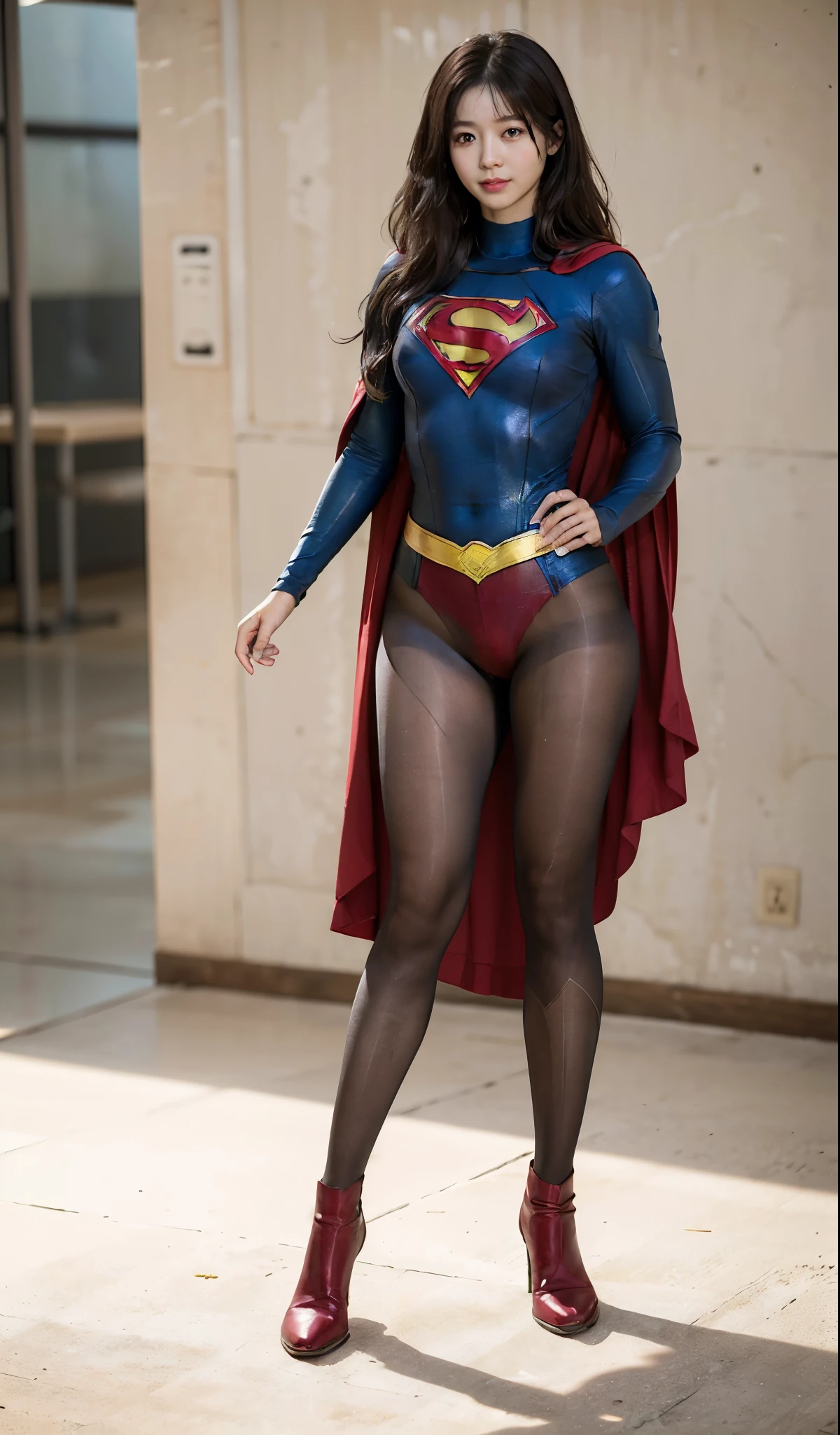 No background、(((Beautiful legs in black tights.)))、(((Legally express the beauty of your smile)))、((((Make the most of your original images)))、(((Body-fitting Supergirl costume)))、(((Supergirl Costume)))、(((Beautiful Hair)))、(((suffering)))、(((Please wear black tights....、Wear red boots)))、((Best image quality、8k))、((highest quality、8k、masterpiece:1.3))、(((Preserve background )))、Sharp focus:1.2、Beautiful woman with perfect figure:1.4、Slim Abs:1.2、Wet body:1.5、Highly detailed face and skin texture、8k