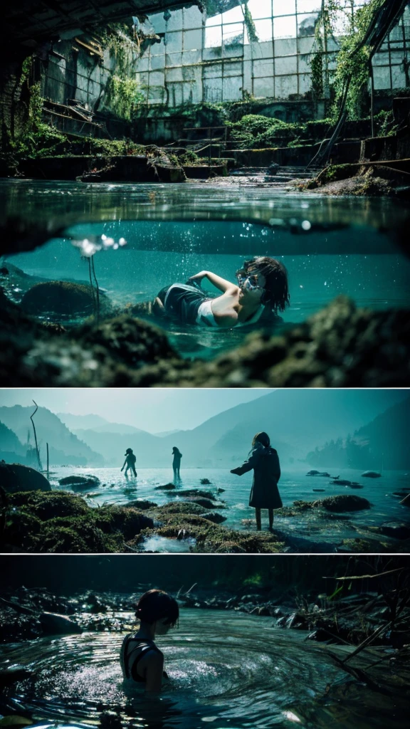 In the water,moss,Showa,Collapse,Devastation,Inside the ruins,Glasses,Women,adventure,Black and White,